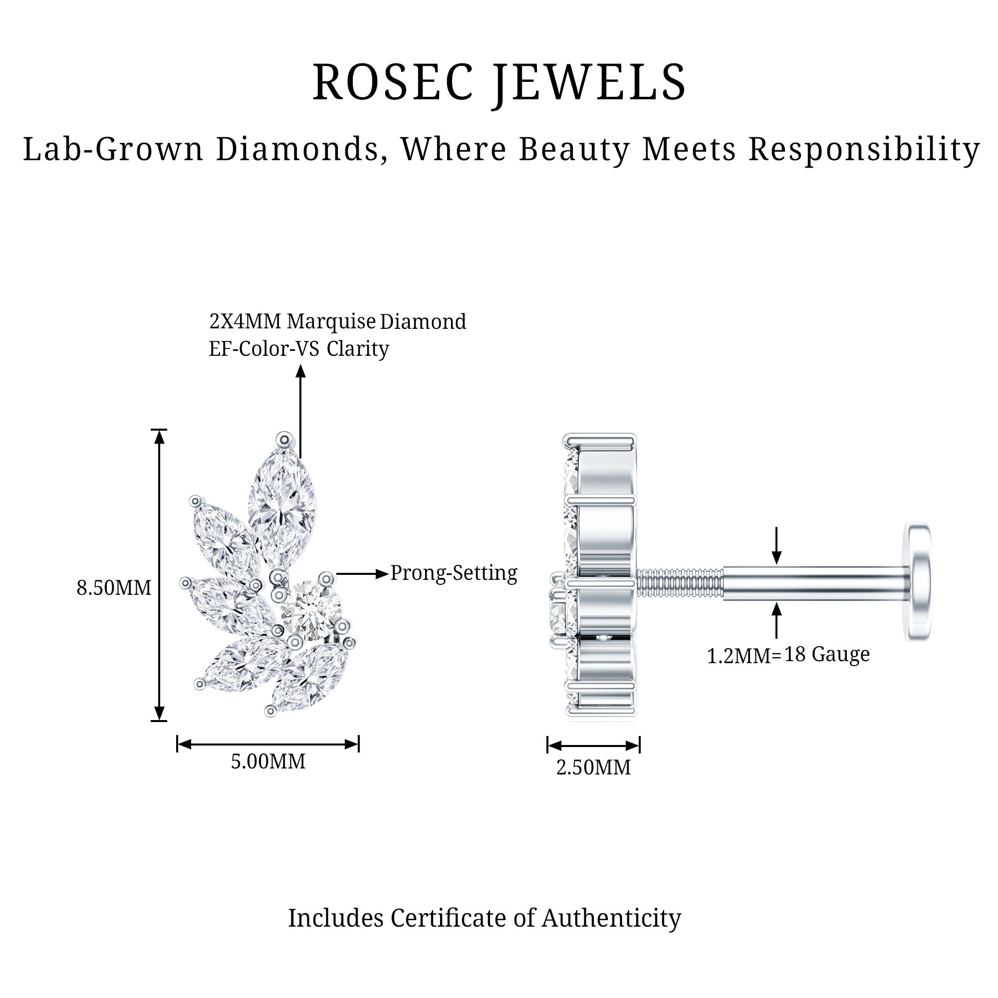 Marquise Diamond Leaf Cluster Earring for Cartilage Piercing Lab - ( EF-VS ) - Rosec Jewels