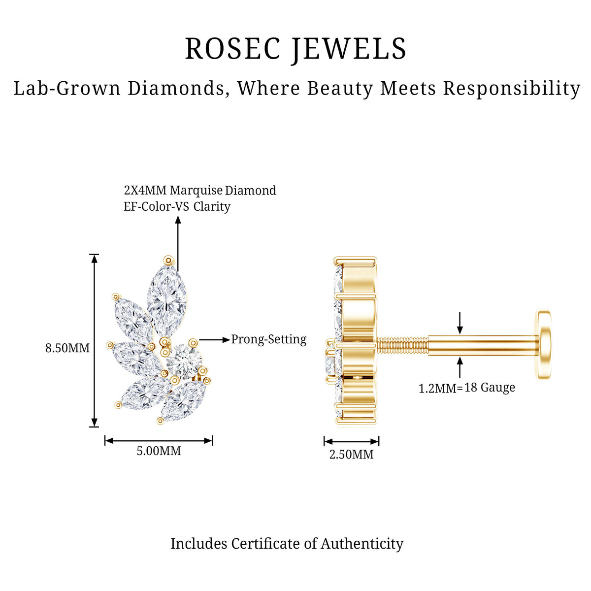 Marquise Diamond Leaf Cluster Earring for Cartilage Piercing Lab - ( EF-VS ) - Rosec Jewels