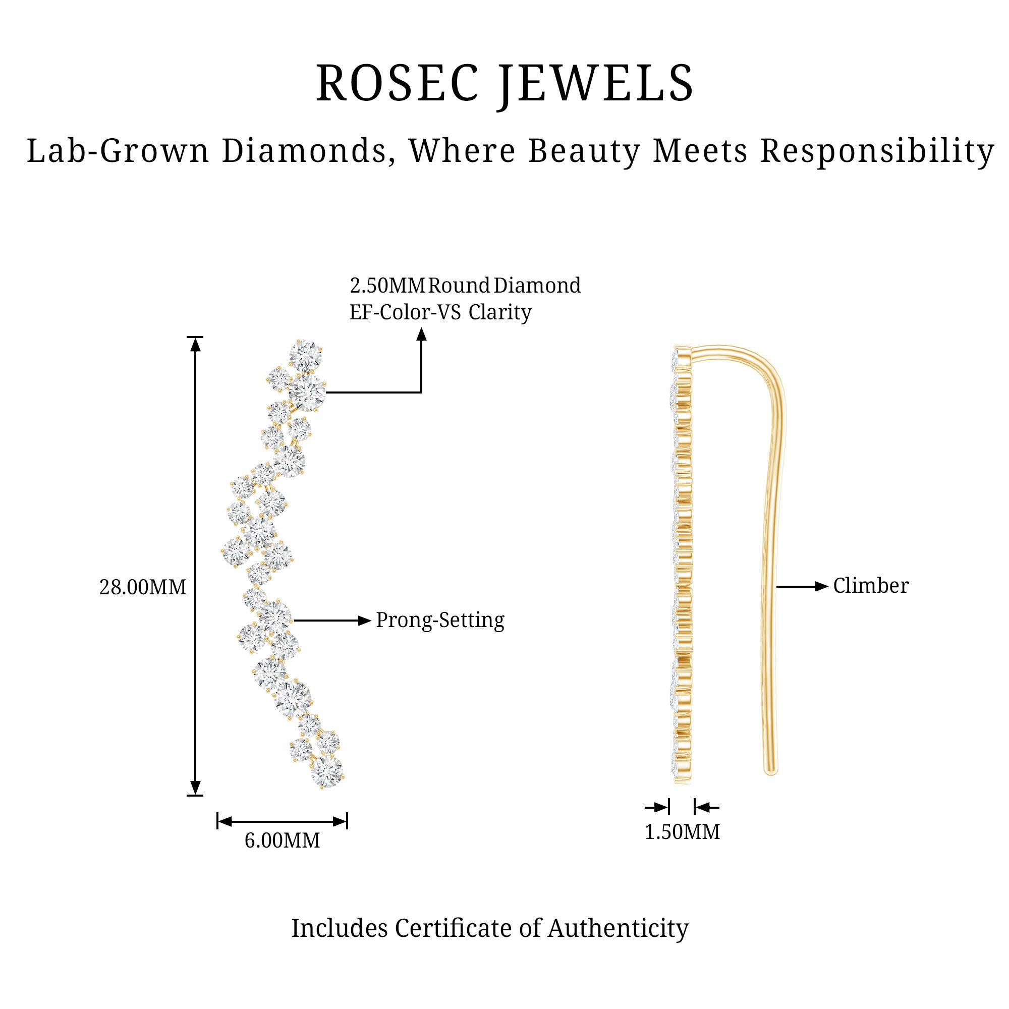 Diamond Cluster Climber Earring for Helix Piercing Lab - ( EF-VS ) - Rosec Jewels