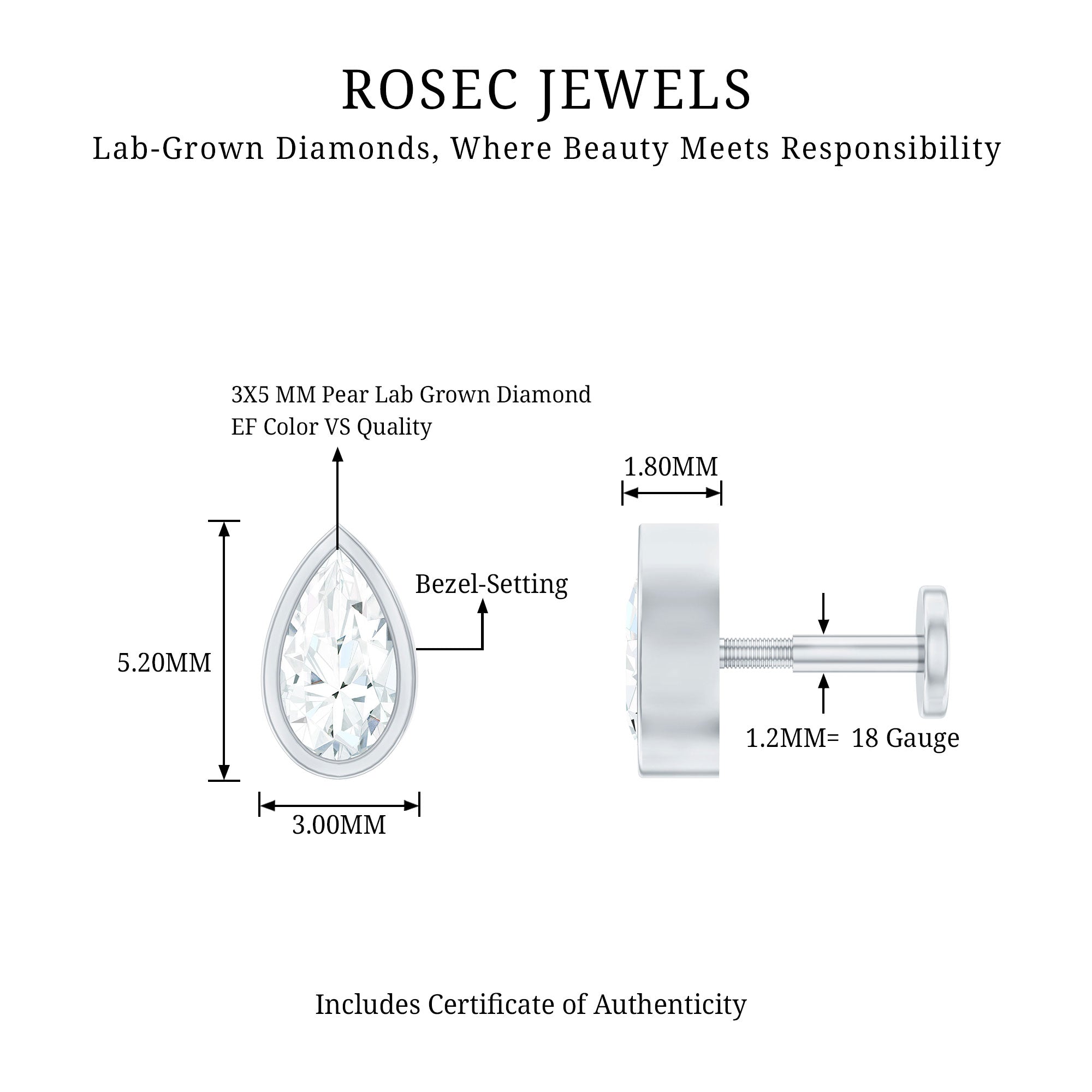 Pear Shape Diamond Solitaire Cartilage Earring Lab - ( EF-VS ) - Rosec Jewels
