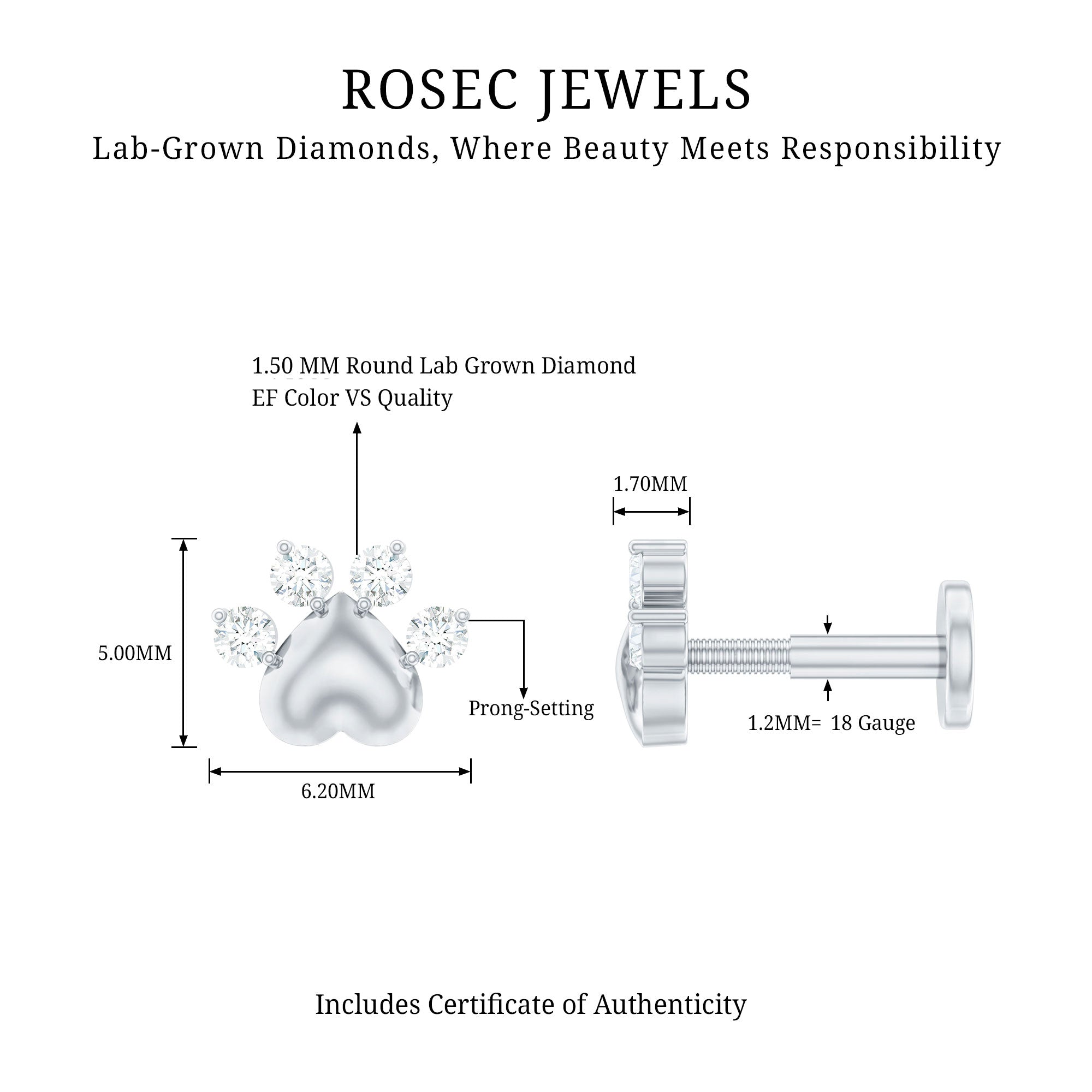 Diamond and Heart Dog Paw Print Cartilage Earring Lab - ( EF-VS ) - Rosec Jewels