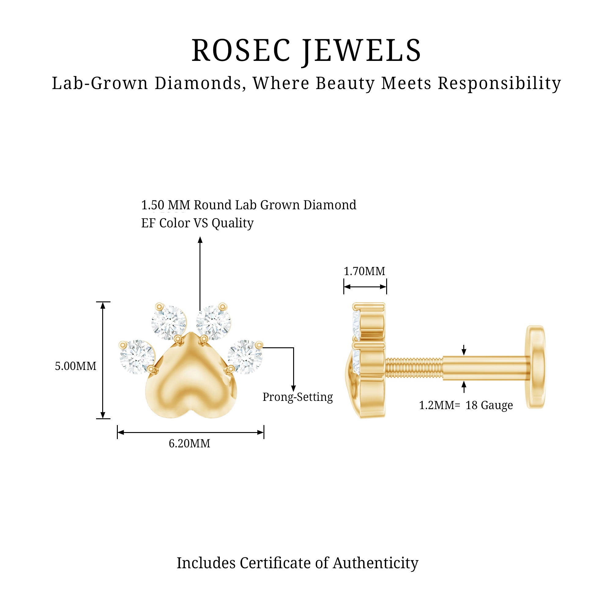 Diamond and Heart Dog Paw Print Cartilage Earring Lab - ( EF-VS ) - Rosec Jewels