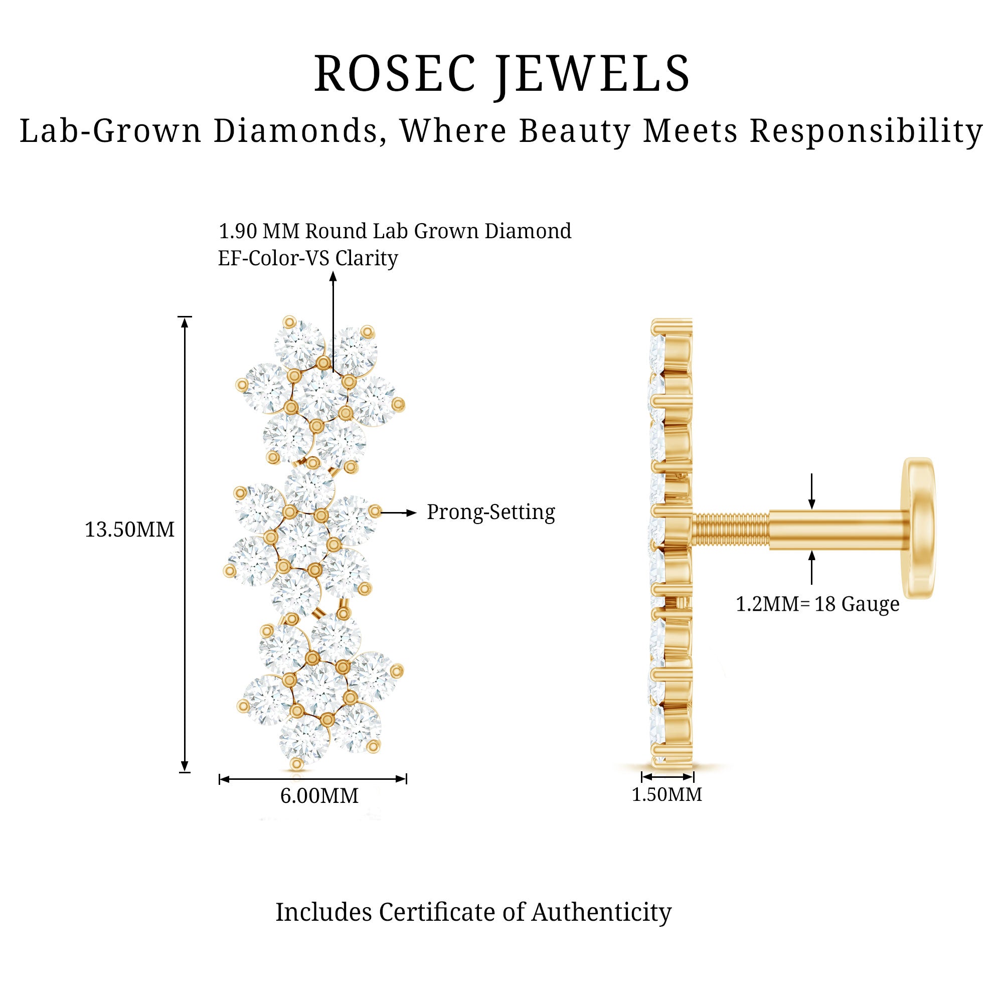 Diamond Three Flower Crawler Earring for Helix Piercing Lab - ( EF-VS ) - Rosec Jewels
