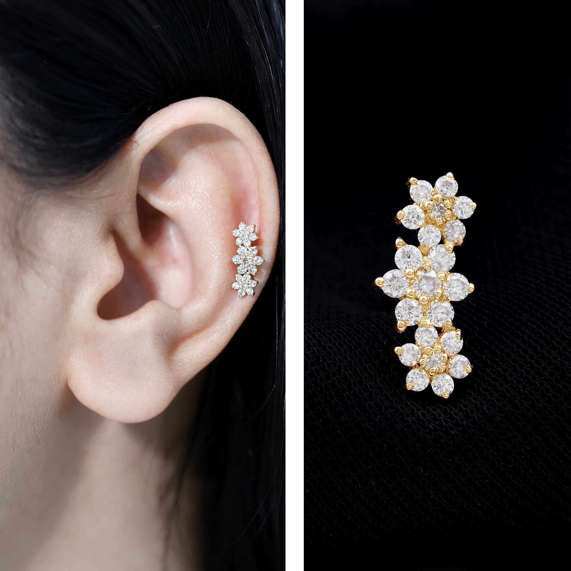 Diamond Three Flower Crawler Earring for Helix Piercing Lab - ( EF-VS ) - Rosec Jewels