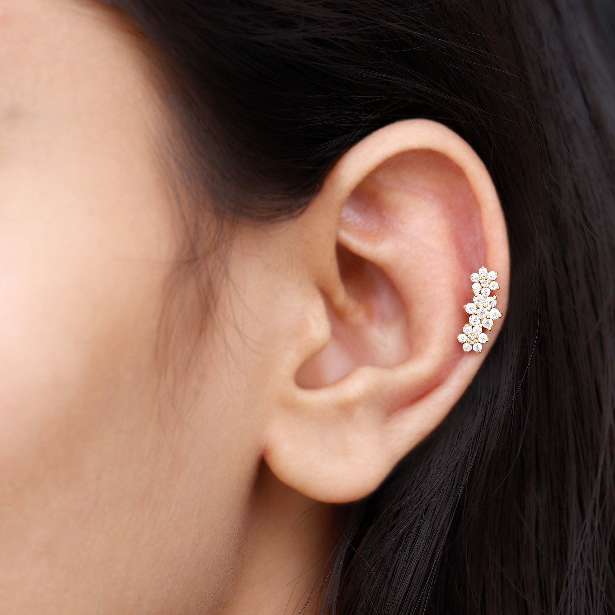 Diamond Three Flower Crawler Earring for Helix Piercing Lab - ( EF-VS ) - Rosec Jewels