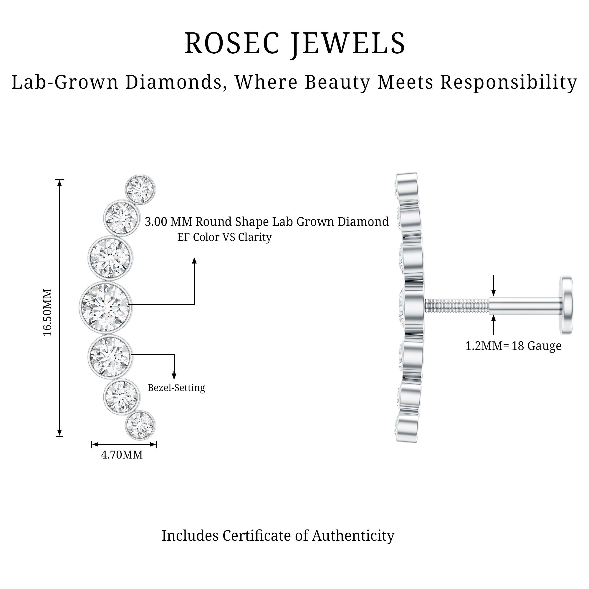 Graduated Diamond Crawler Helix Earring in Bezel Set Lab - ( EF-VS ) - Rosec Jewels