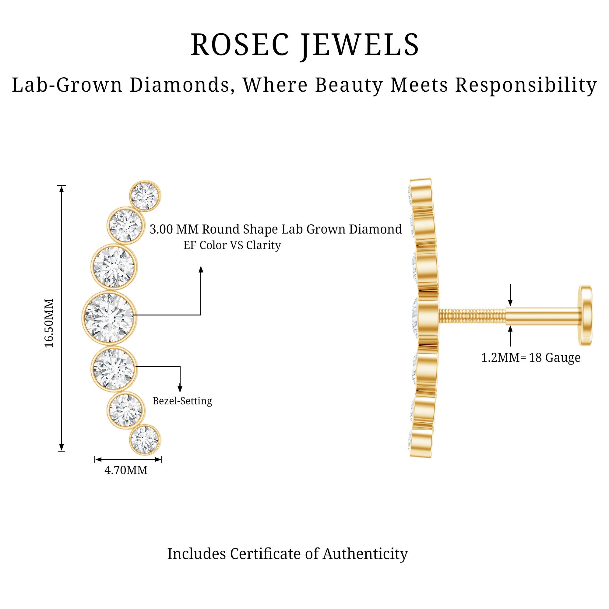 Graduated Diamond Crawler Helix Earring in Bezel Set Lab - ( EF-VS ) - Rosec Jewels