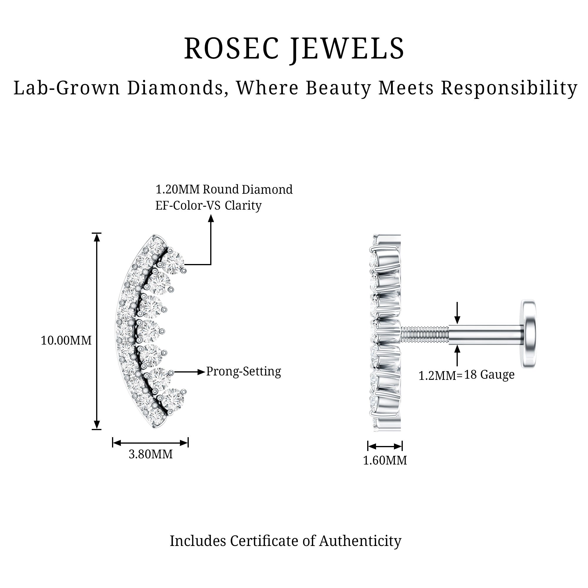 Certified Diamond Curved Cartilage Earring for Women Lab - ( EF-VS ) - Rosec Jewels