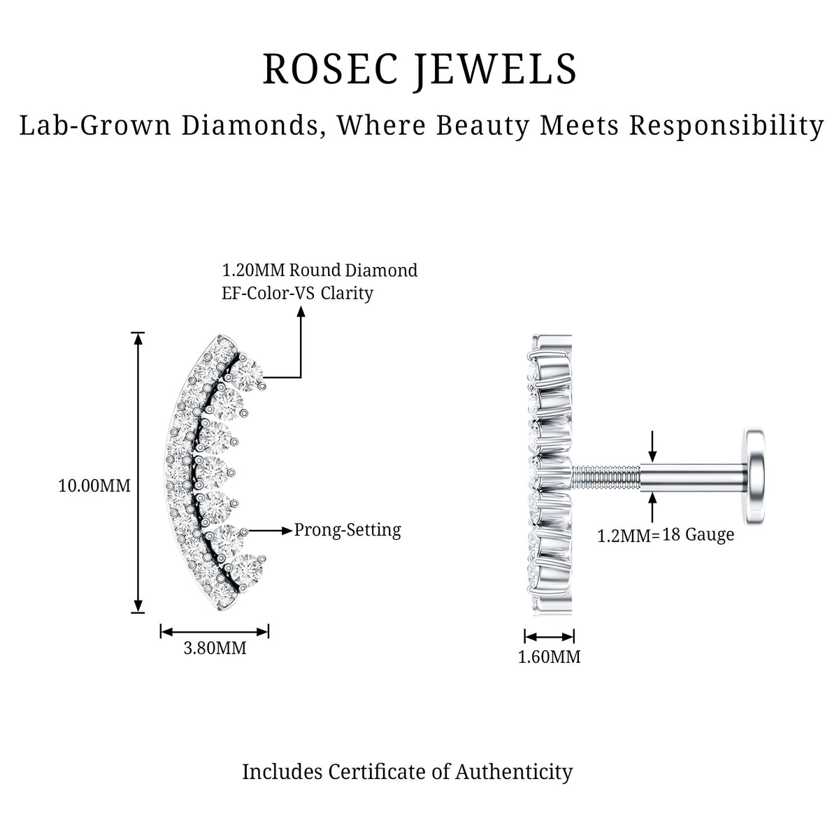Certified Diamond Curved Cartilage Earring for Women Lab - ( EF-VS ) - Rosec Jewels