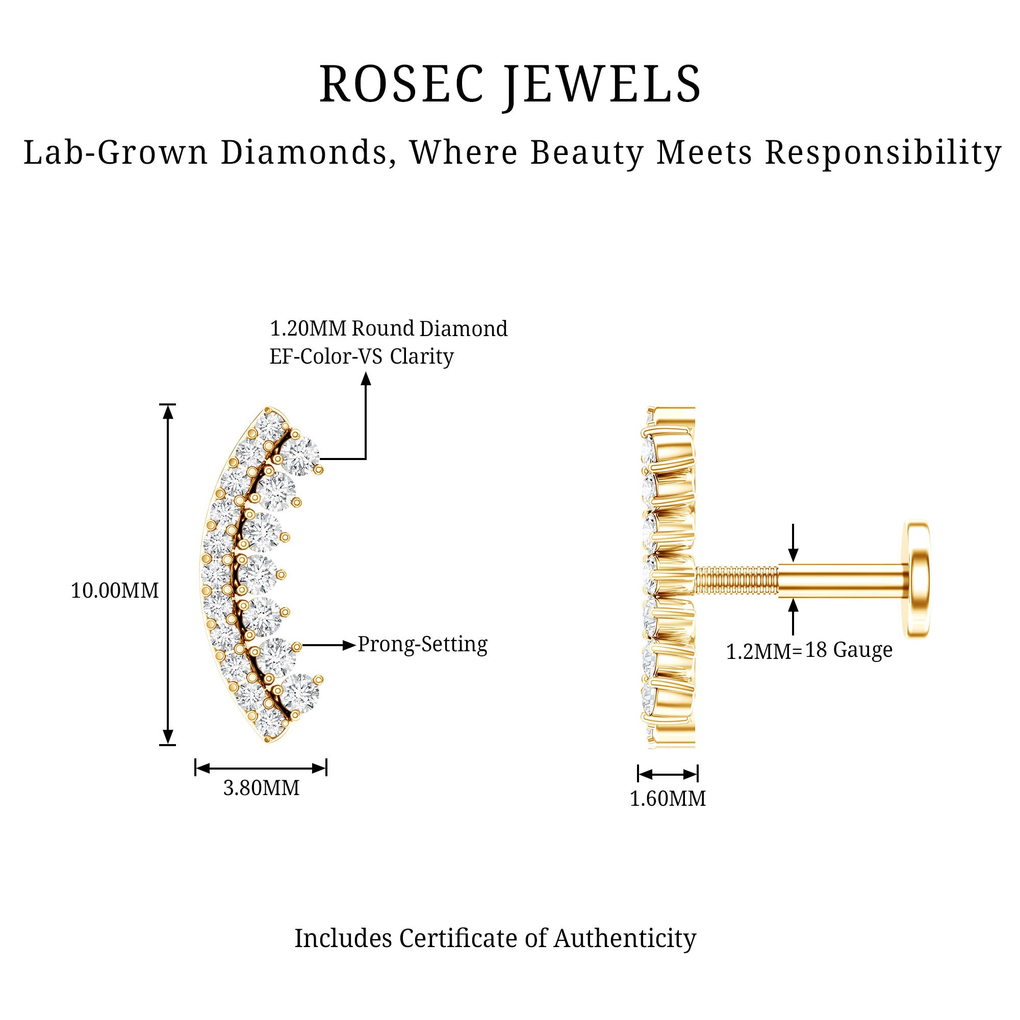 Certified Diamond Curved Cartilage Earring for Women Lab - ( EF-VS ) - Rosec Jewels