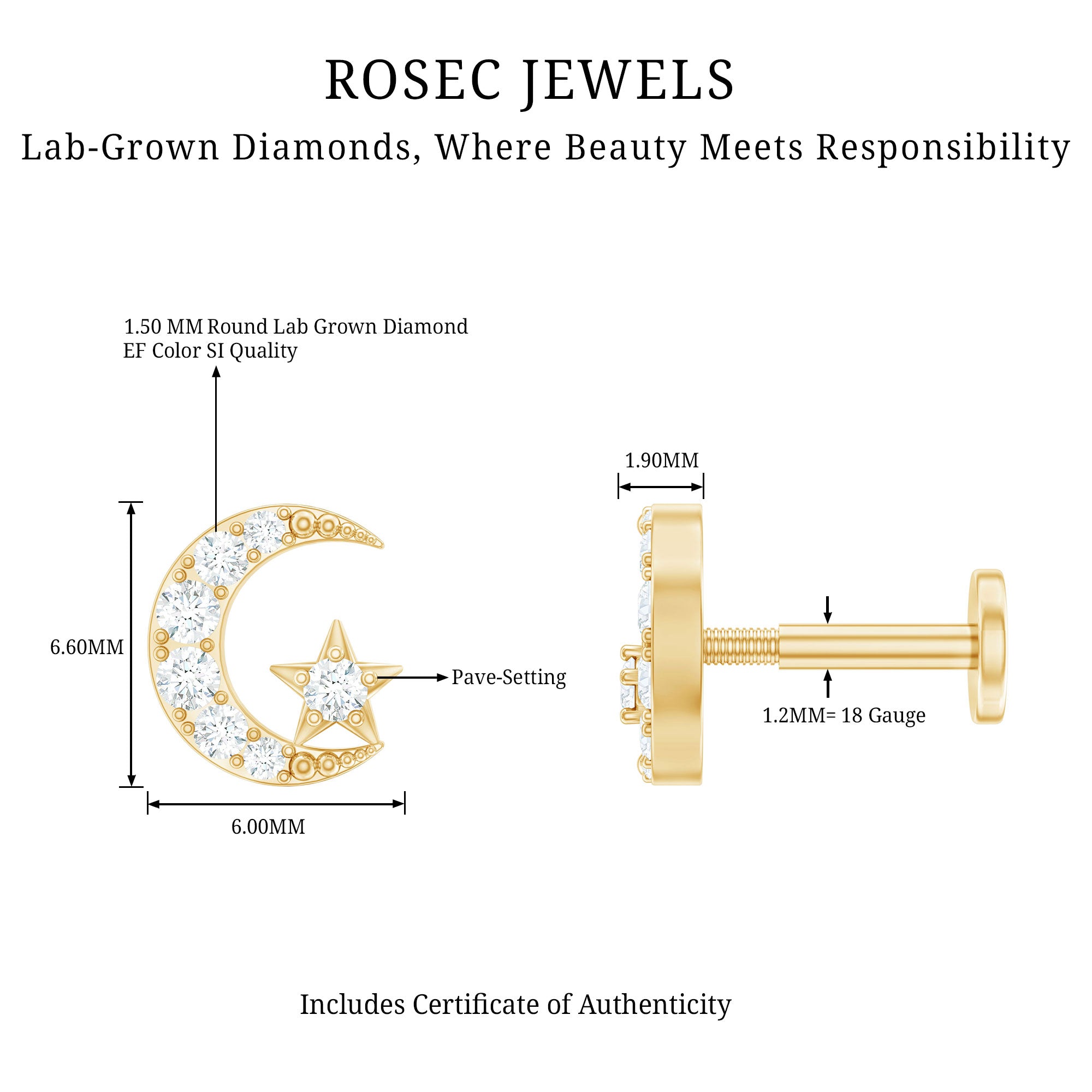 Certified Diamond Crescent Moon Helix Earring with Star Lab - ( EF-VS ) - Rosec Jewels