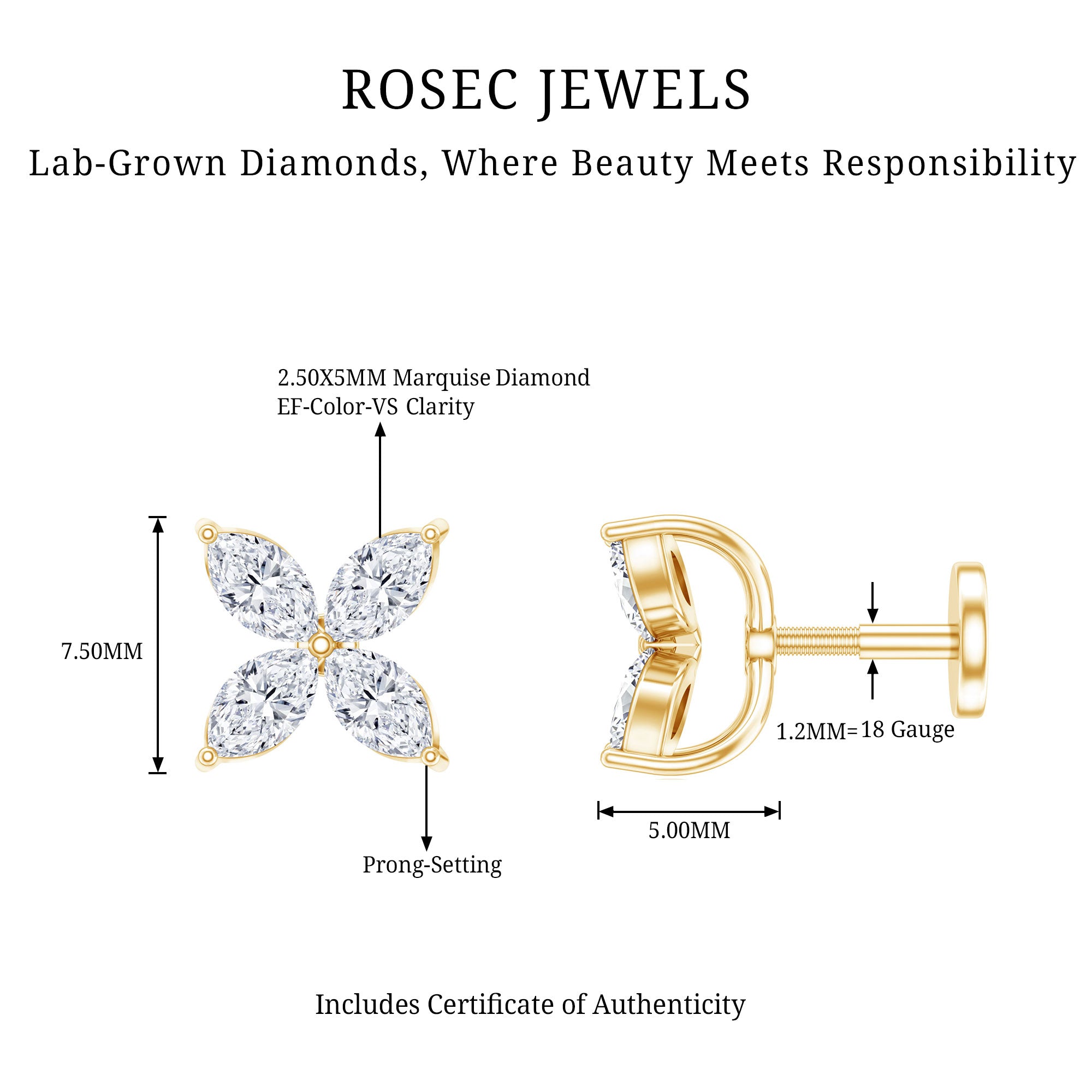 Marquise Four Petal Flower Cartilage Earring Lab - ( EF-VS ) - Rosec Jewels