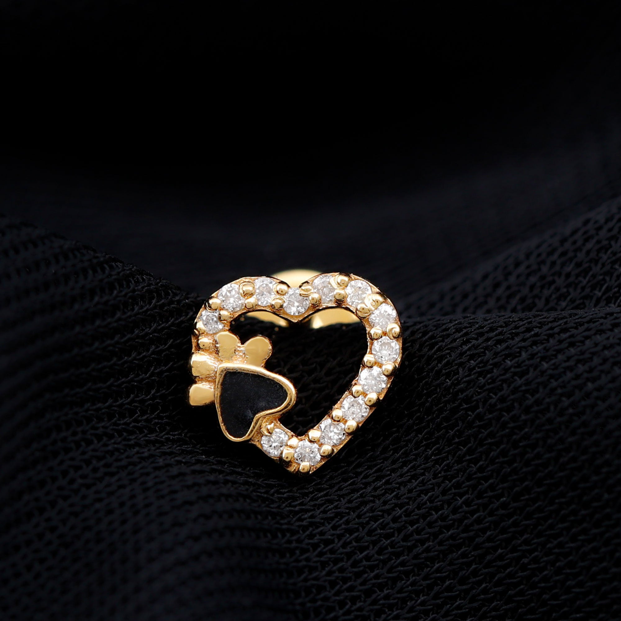 Sparkling Diamond Dog Paw Heart Earring with Black Enamel Lab - ( EF-VS ) - Rosec Jewels