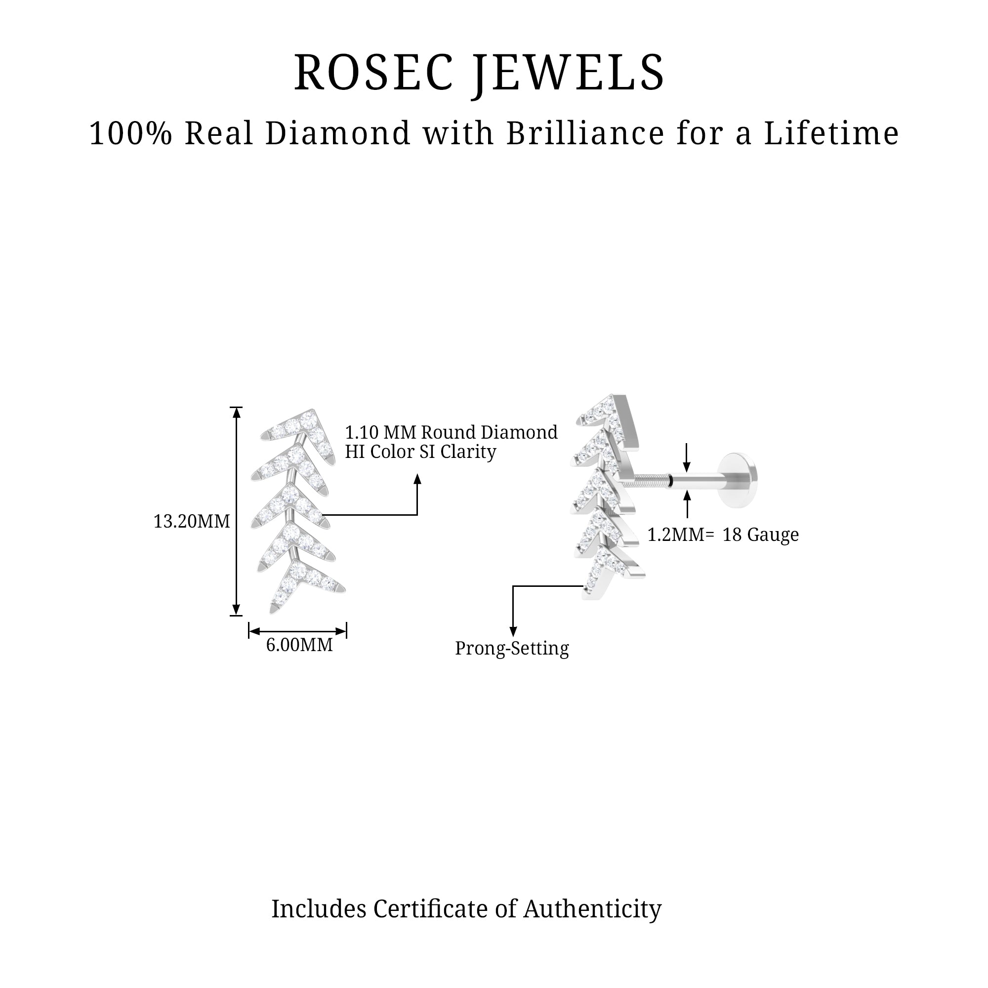 Minimalist Diamond Leaf Crawler Earring for Helix Piercing Lab - ( EF-VS ) - Rosec Jewels