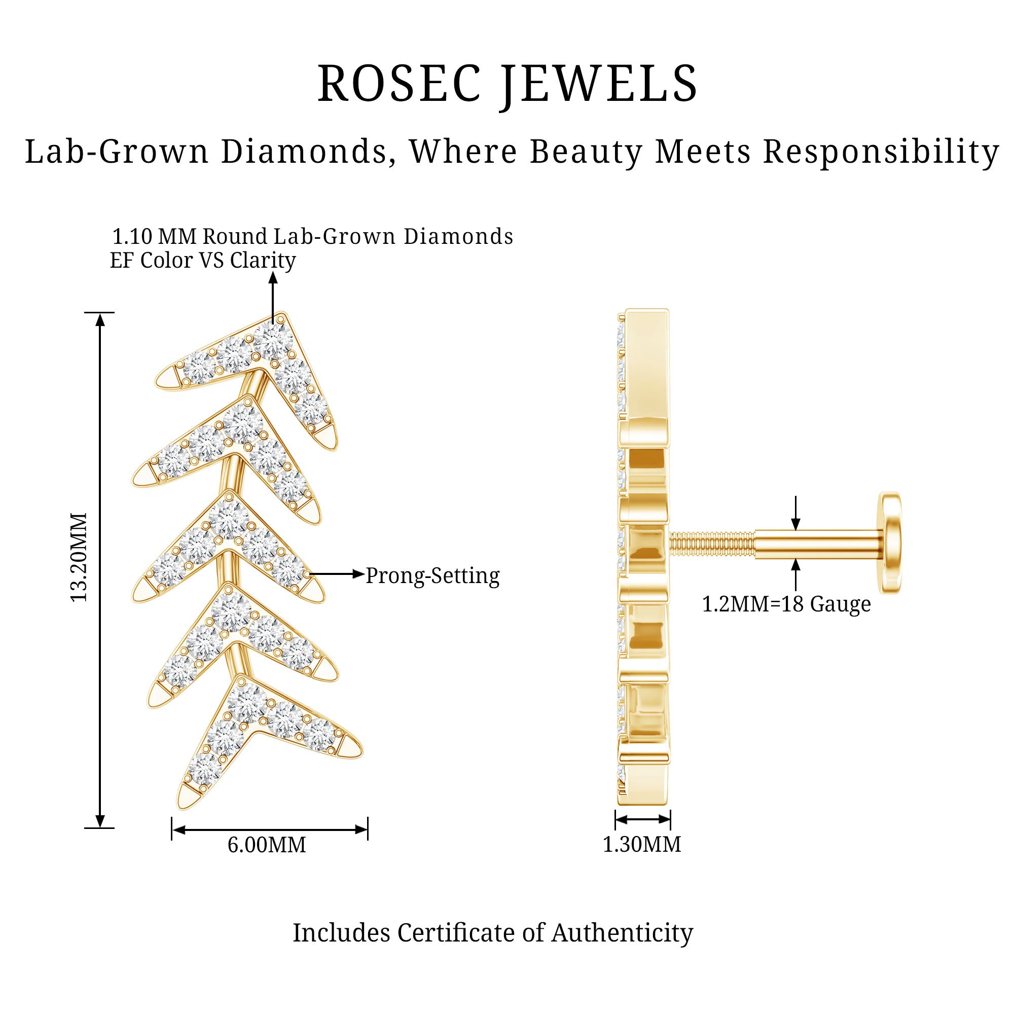 Minimalist Diamond Leaf Crawler Earring for Helix Piercing Lab - ( EF-VS ) - Rosec Jewels