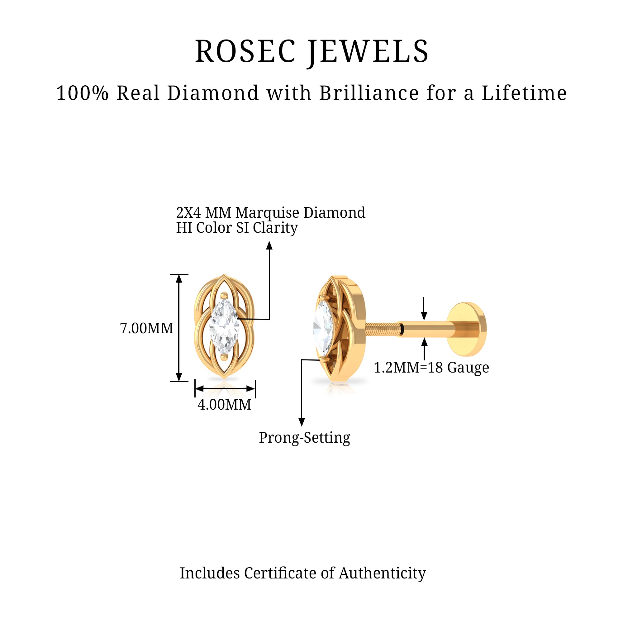 Marquise Diamond Solitaire Cartilage Earring Lab - ( EF-VS ) - Rosec Jewels