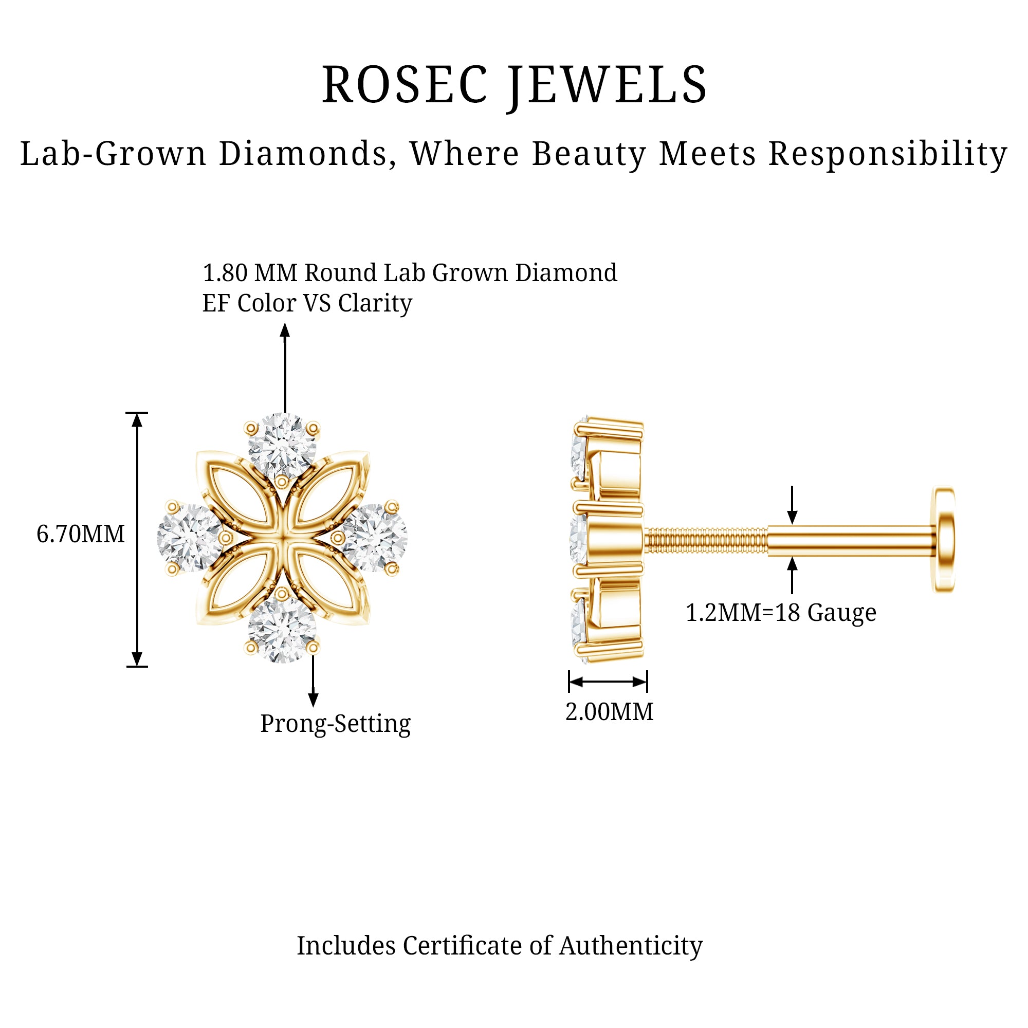 Nature Inspired Certified Diamond Flower Earring for Helix Piercing Lab - ( EF-VS ) - Rosec Jewels
