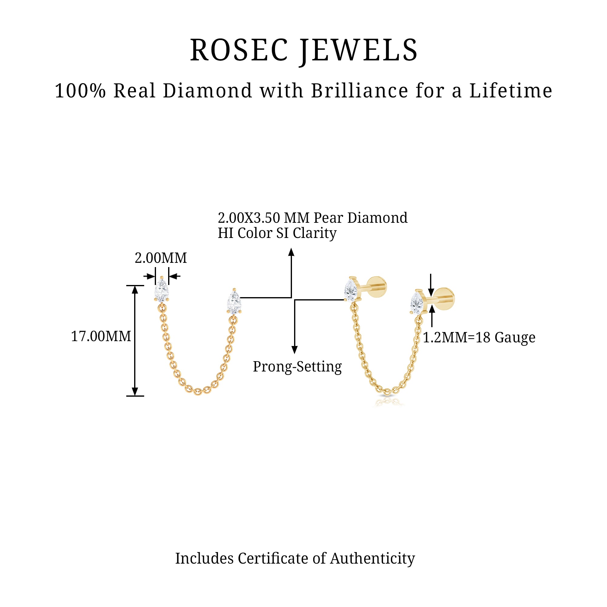 Pear Shape Diamond Chain Double Piercing Earring Lab - ( EF-VS ) - Rosec Jewels