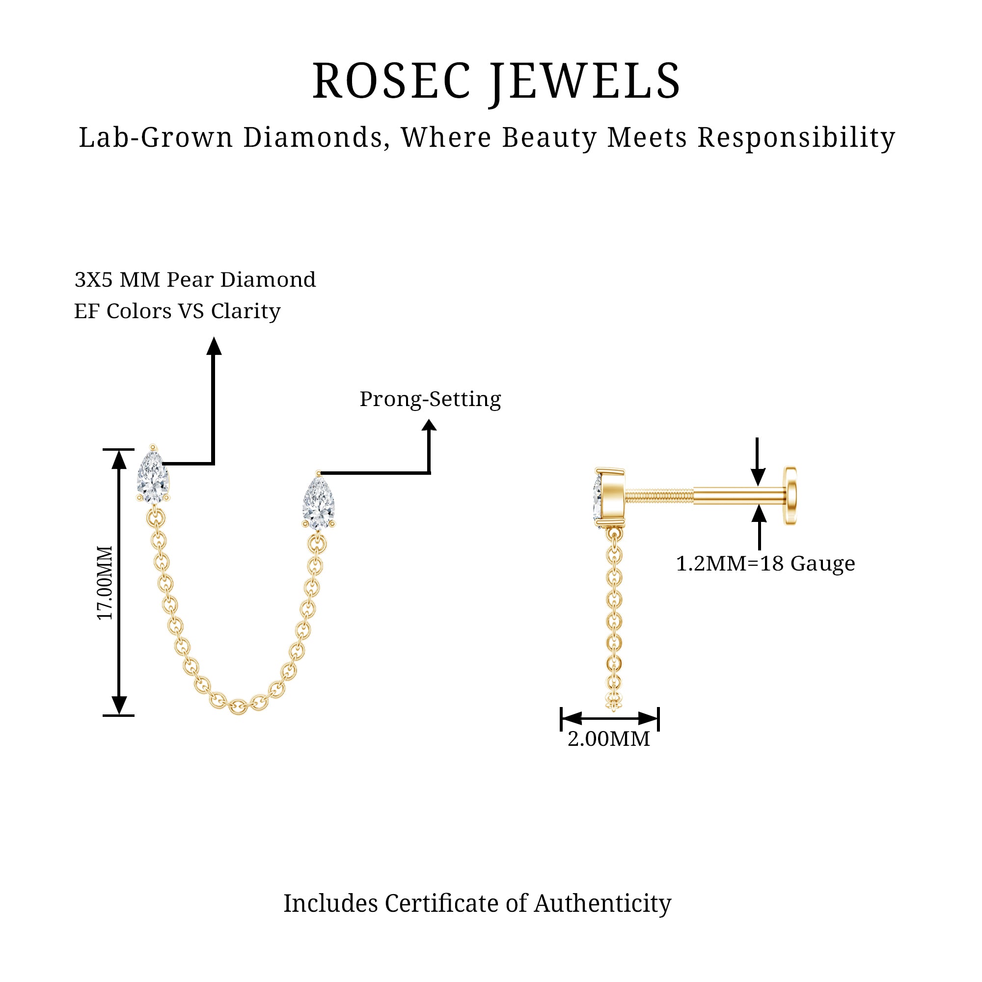 Pear Shape Diamond Chain Double Piercing Earring Lab - ( EF-VS ) - Rosec Jewels