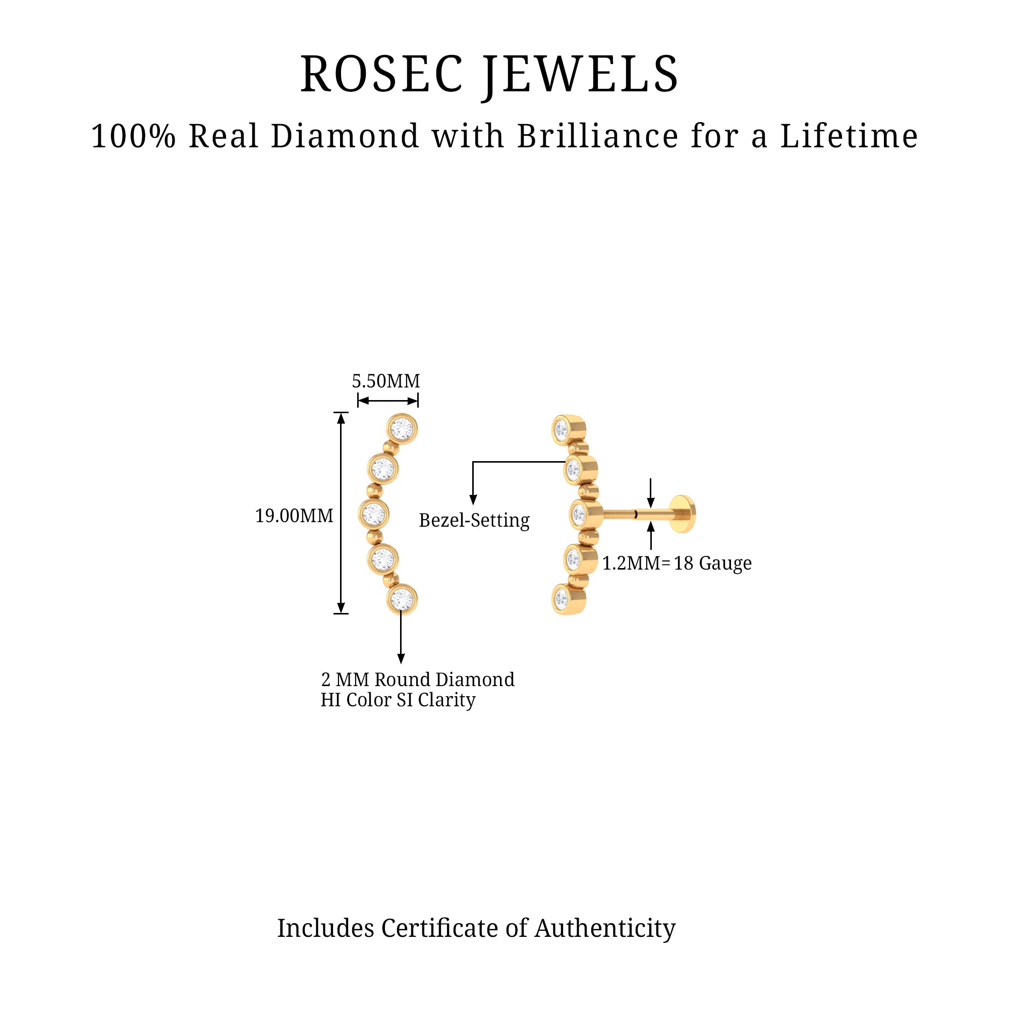 Bezel Set Diamond Crawler Earring for Cartilage Piercing Lab - ( EF-VS ) - Rosec Jewels