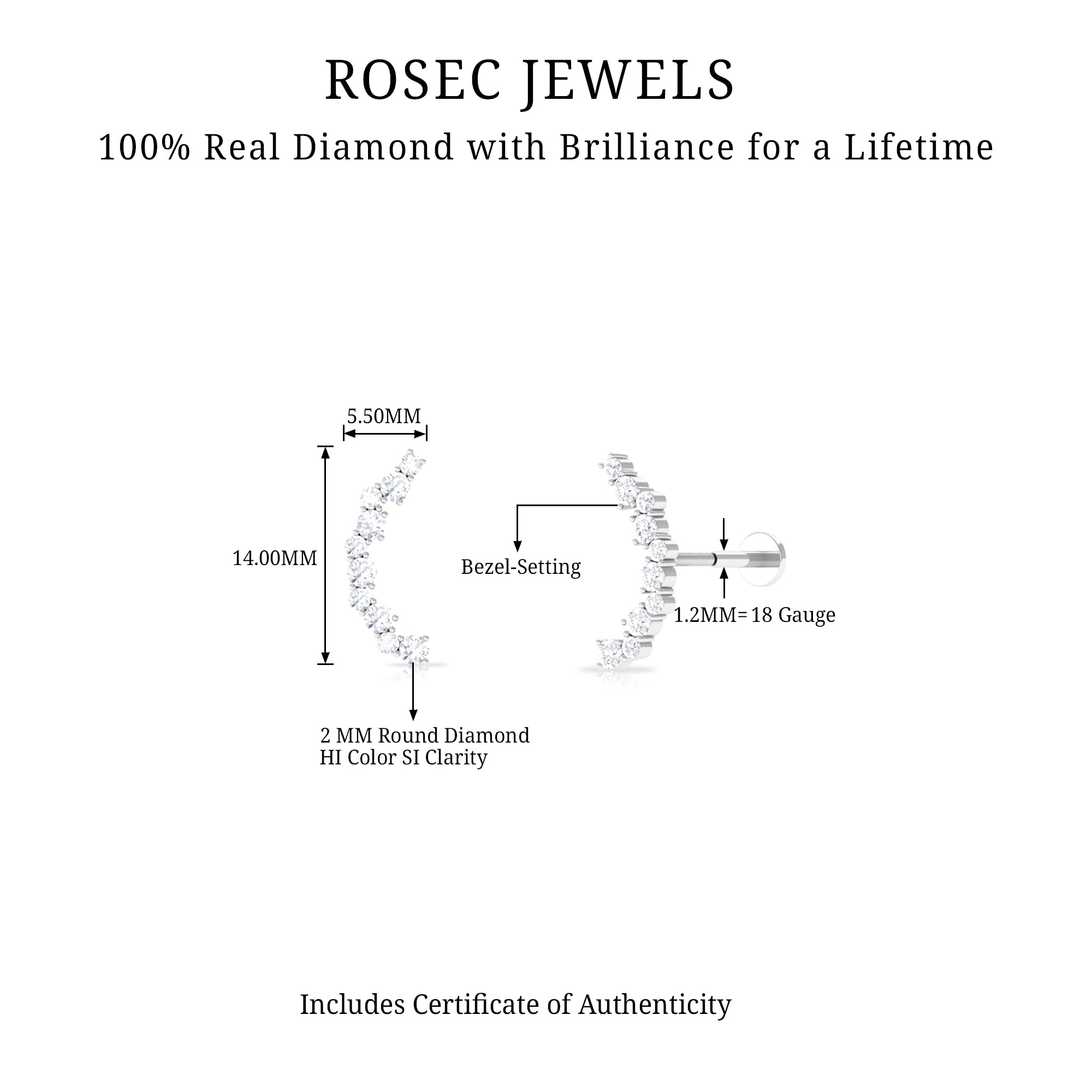 Certified Diamond Curved Crawler Earring for Women Lab - ( EF-VS ) - Rosec Jewels