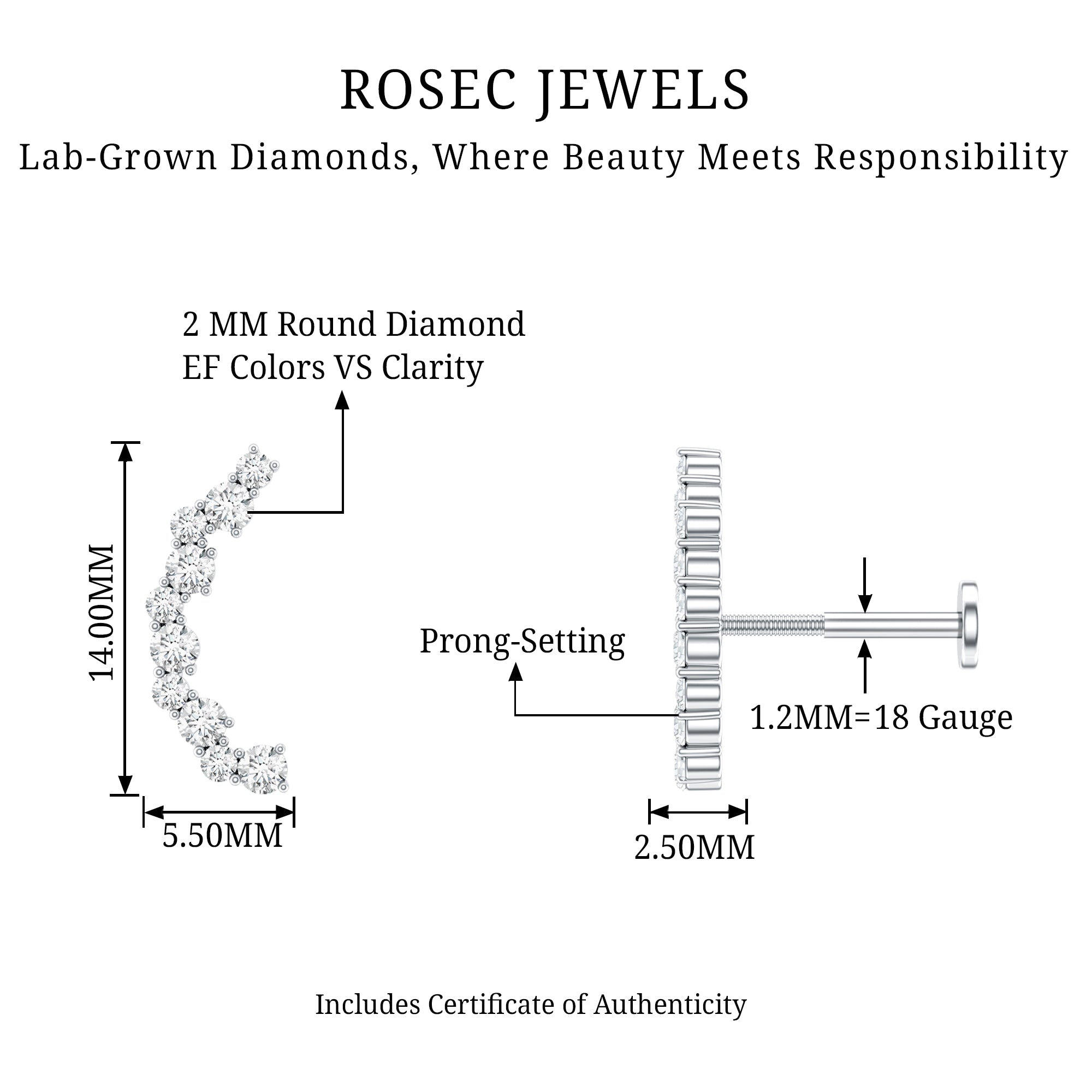Certified Diamond Curved Crawler Earring for Women Lab - ( EF-VS ) - Rosec Jewels