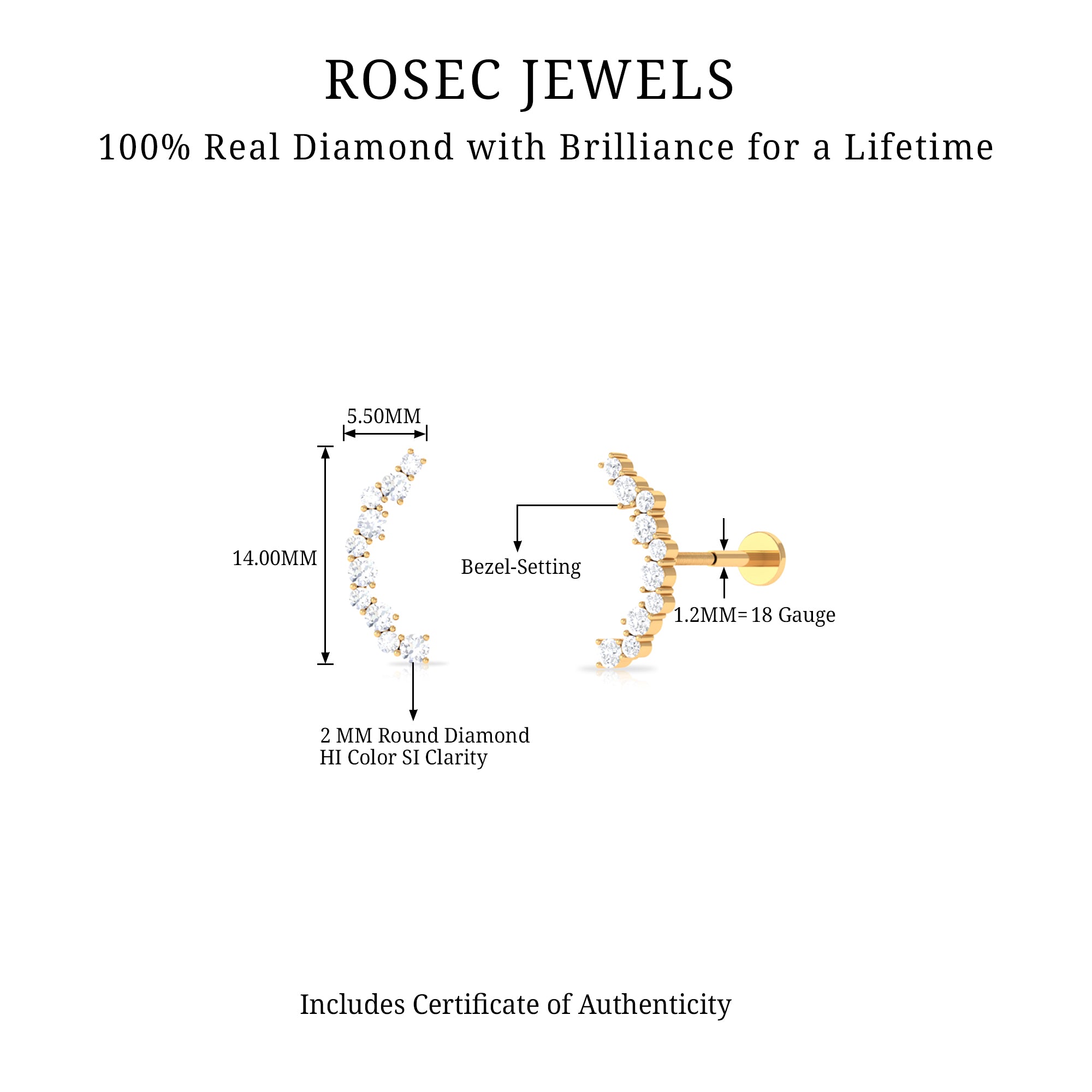 Certified Diamond Curved Crawler Earring for Women Lab - ( EF-VS ) - Rosec Jewels
