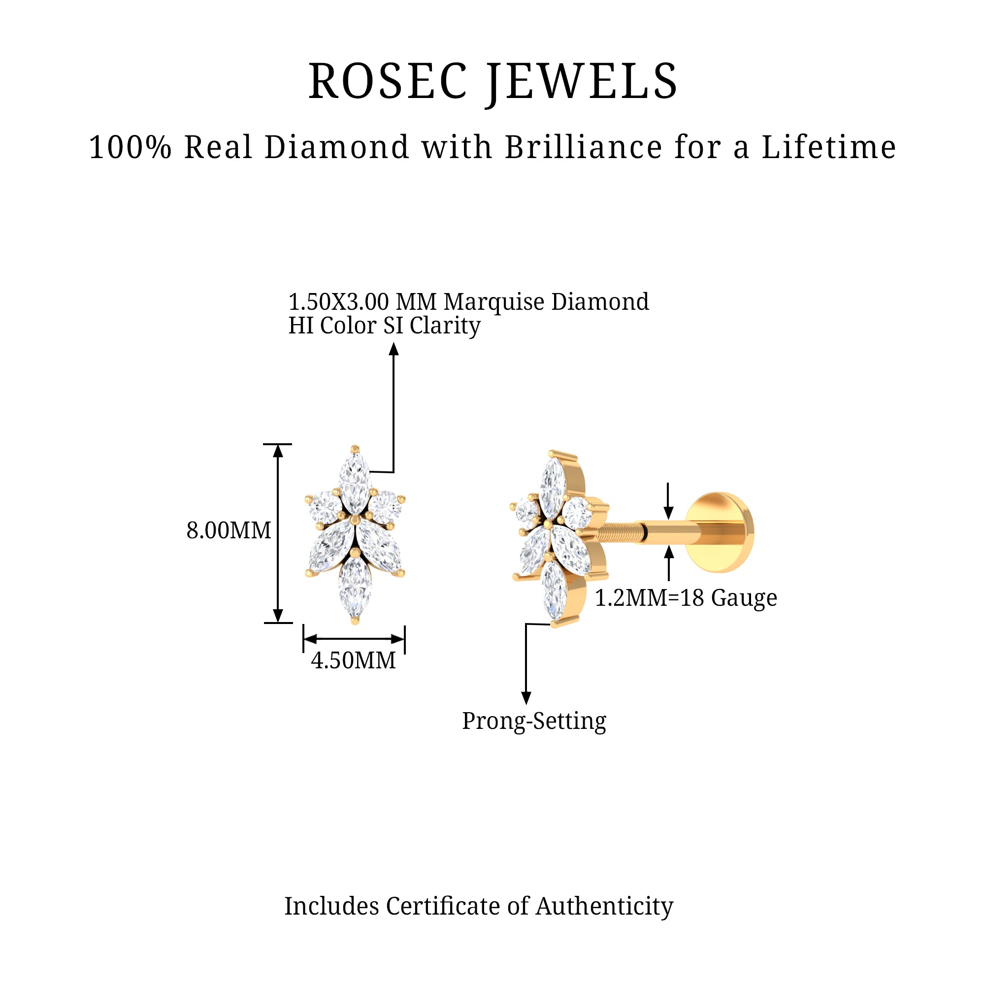 Marquise Diamond Cluster Flower Earring with Flat Back Lab - ( EF-VS ) - Rosec Jewels