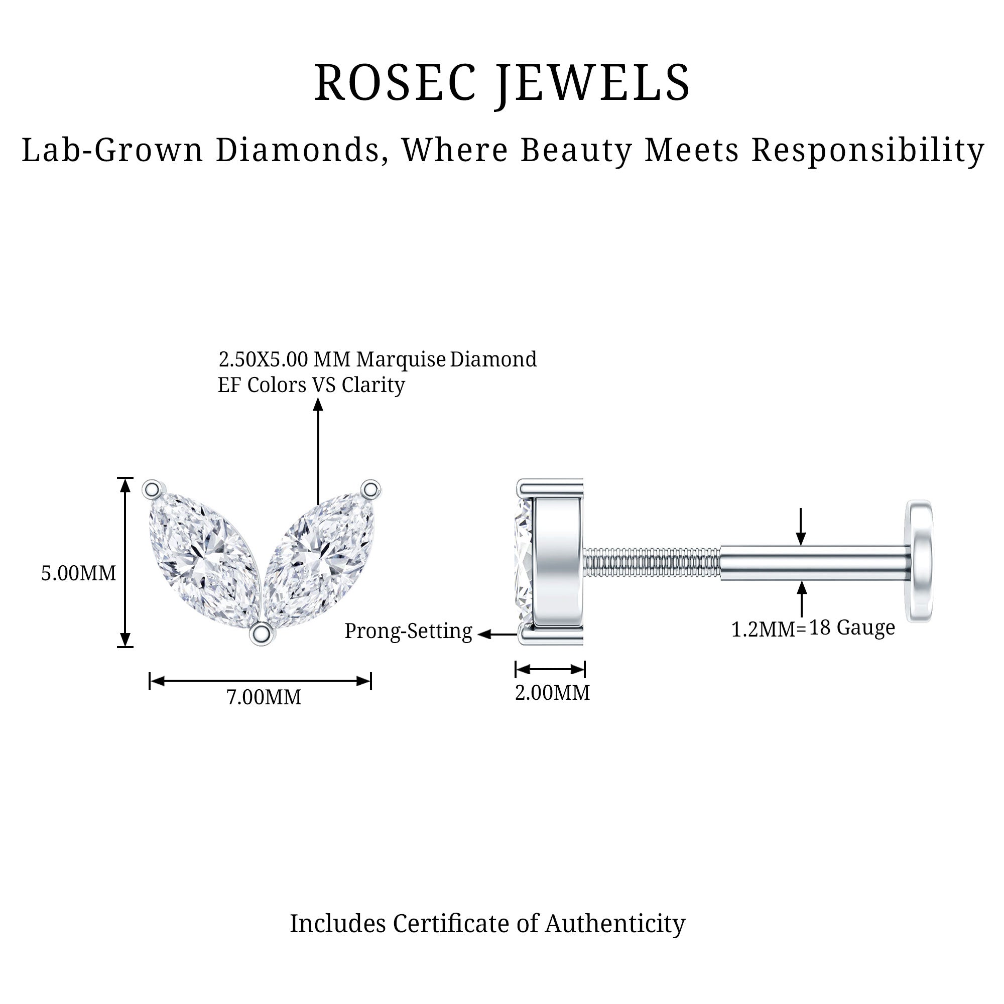 Marquise Diamond Two Stone Earring for Tragus Piercing Lab - ( EF-VS ) - Rosec Jewels