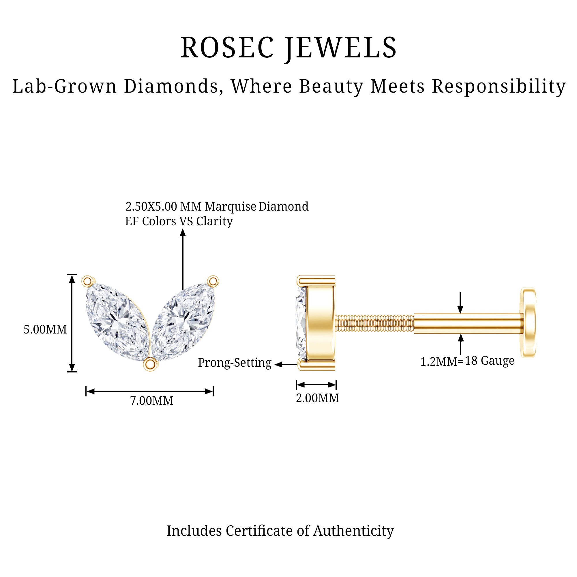 Marquise Diamond Two Stone Earring for Tragus Piercing Lab - ( EF-VS ) - Rosec Jewels