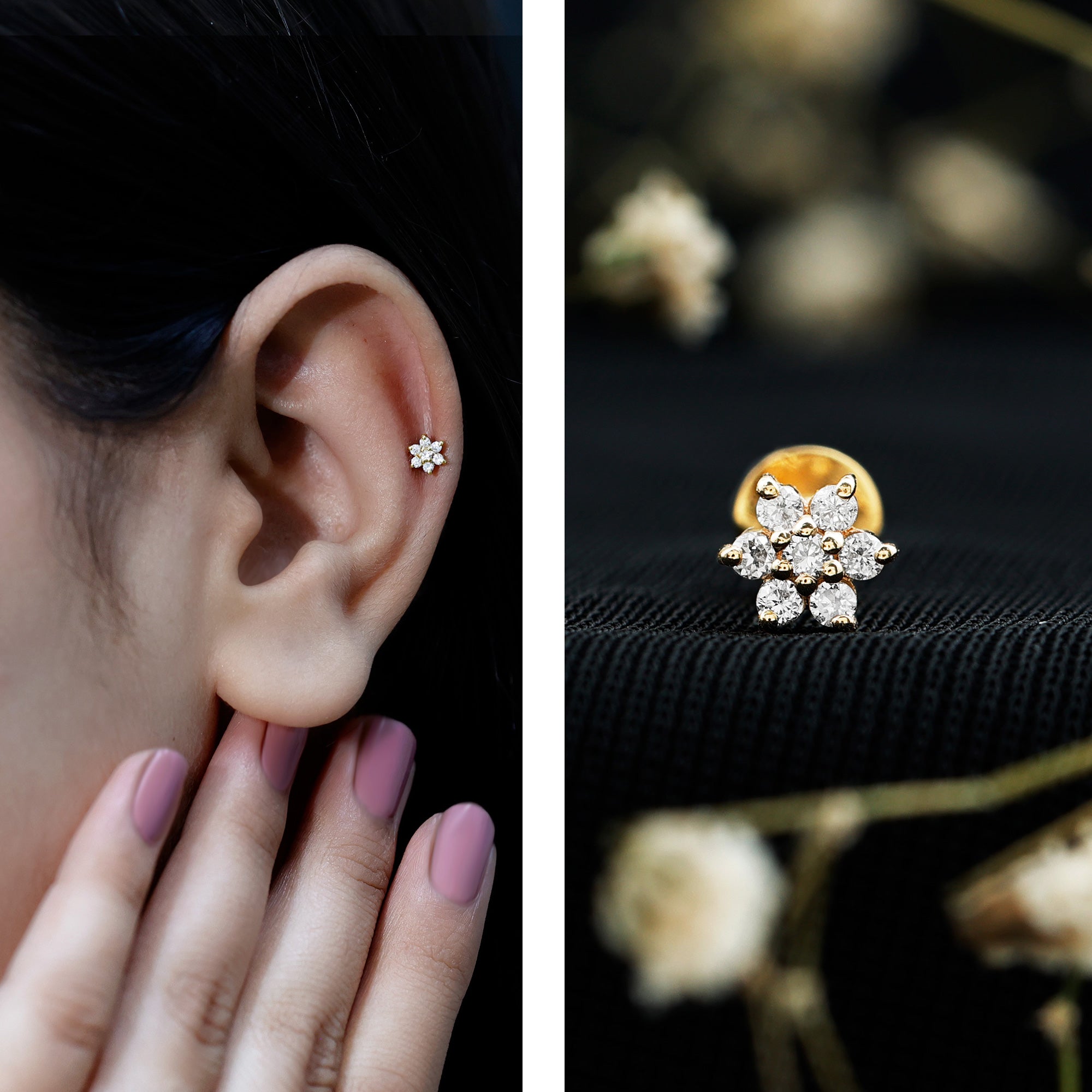 Simple Diamond Flower Cartilage Earring Lab - ( EF-VS ) - Rosec Jewels