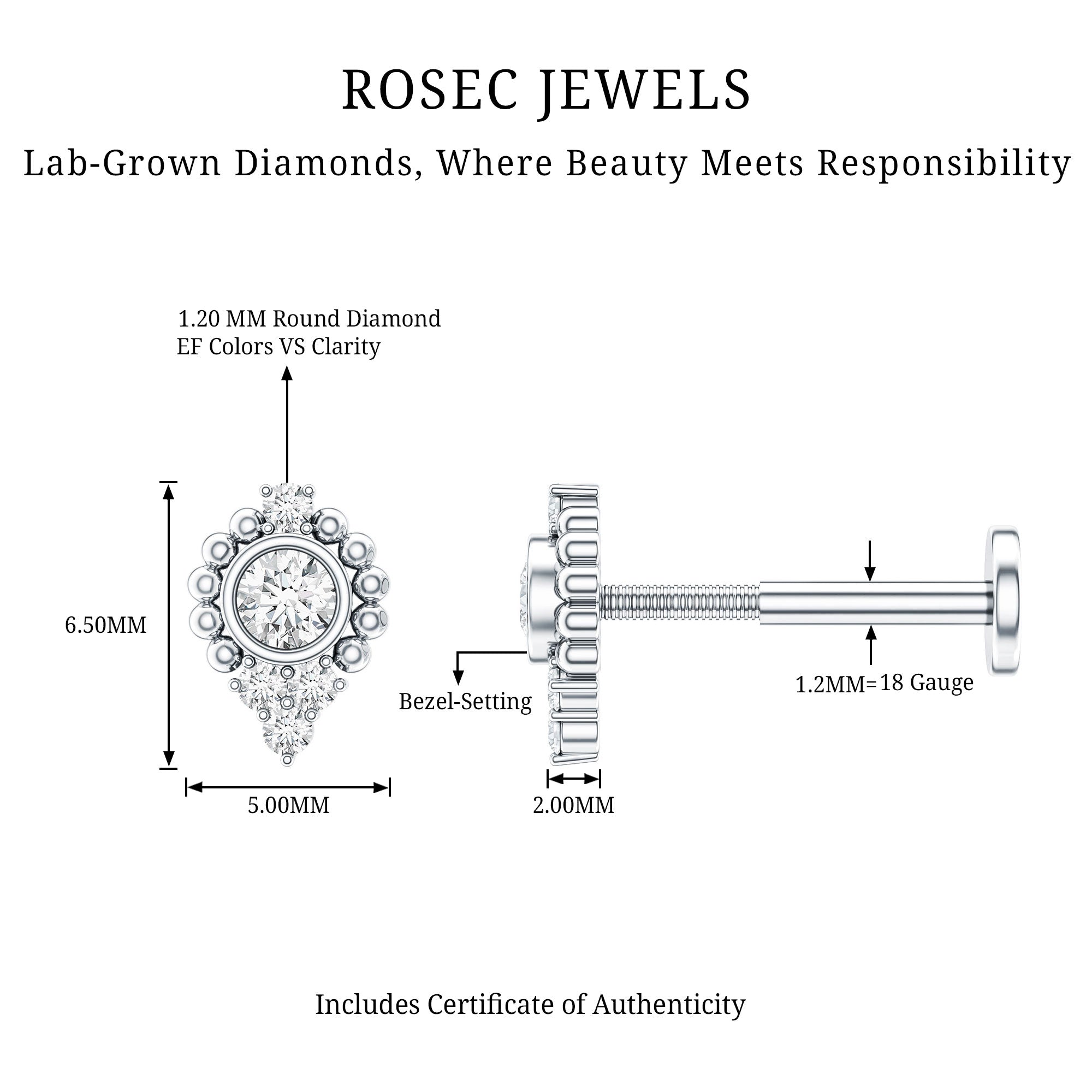 Bezel Set Diamond Minimalist Earring for Tragus Piercing Lab - ( EF-VS ) - Rosec Jewels