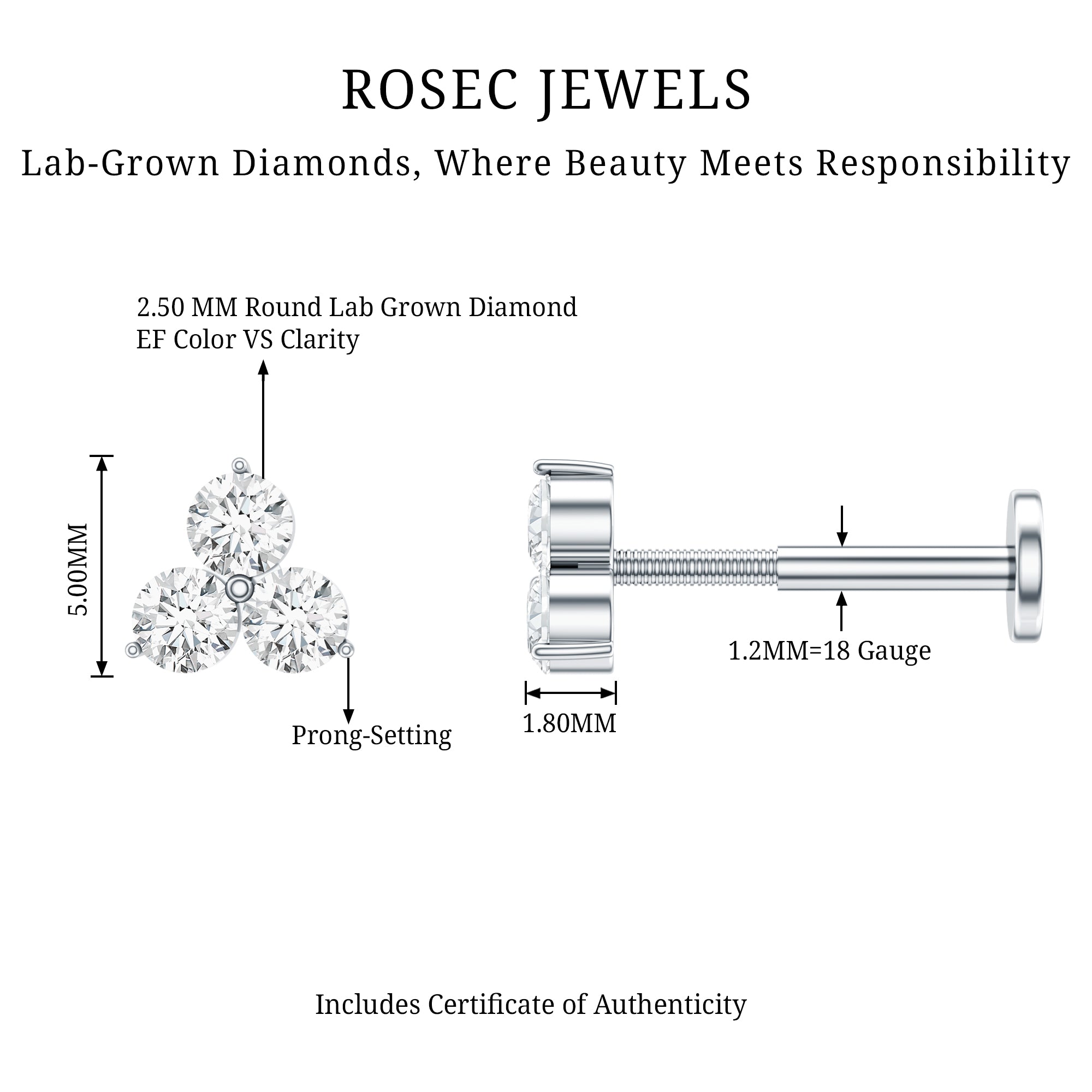 Dainty Diamond Trio Earring for Helix Piercing Lab - ( EF-VS ) - Rosec Jewels