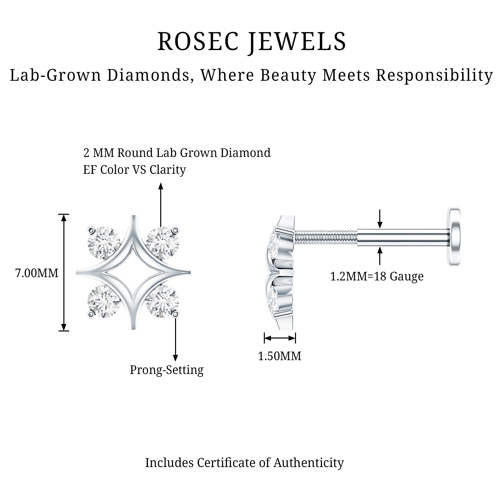 Round Cut Diamond Star Earring for Helix Piercing Lab - ( EF-VS ) - Rosec Jewels
