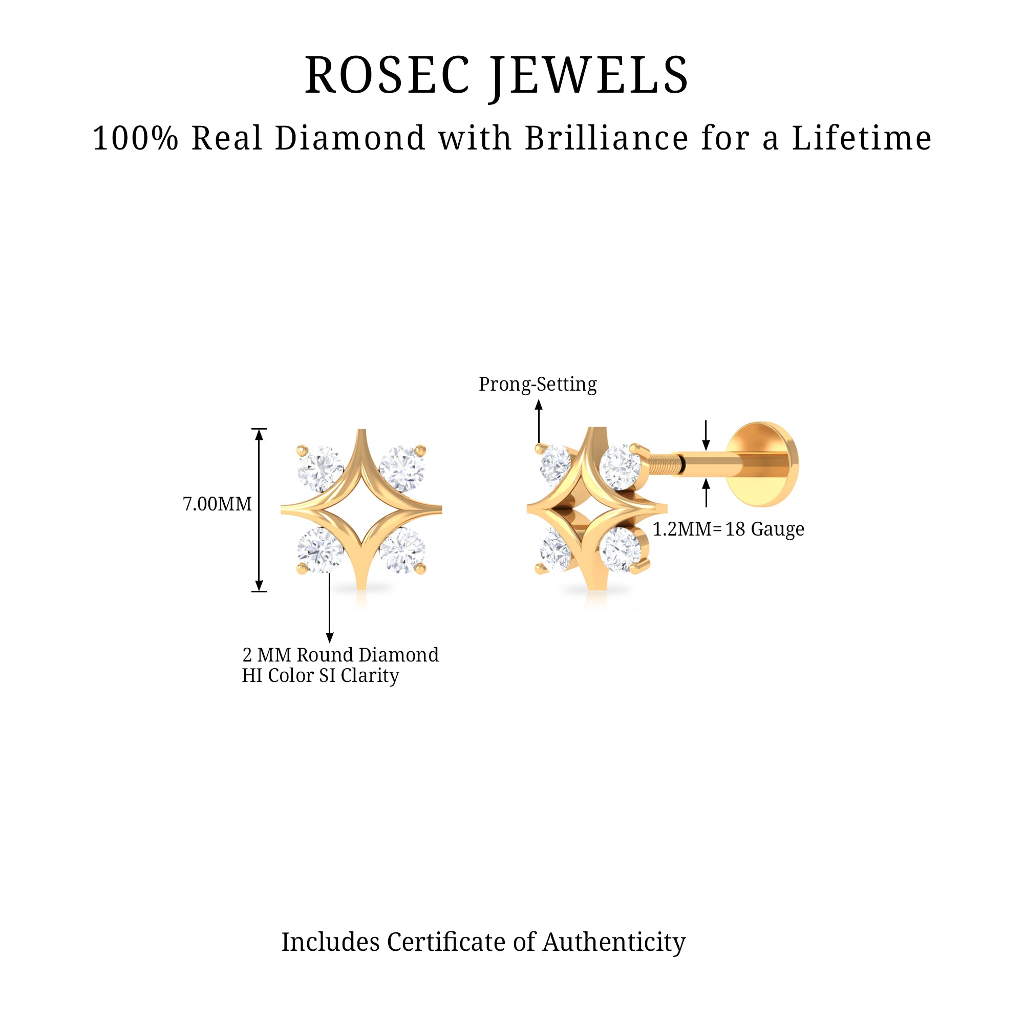 Round Cut Diamond Star Earring for Helix Piercing Lab - ( EF-VS ) - Rosec Jewels