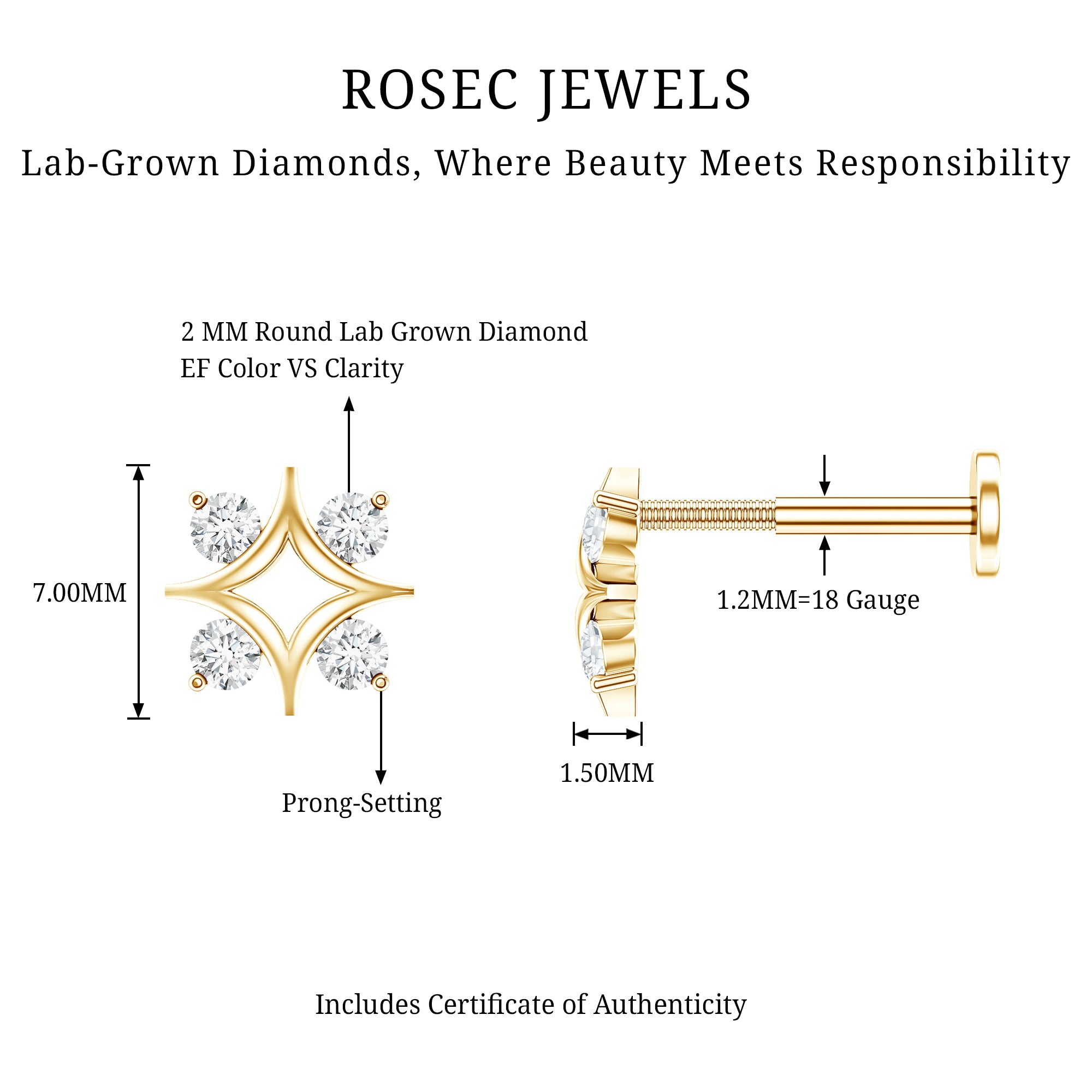 Round Cut Diamond Star Earring for Helix Piercing Lab - ( EF-VS ) - Rosec Jewels