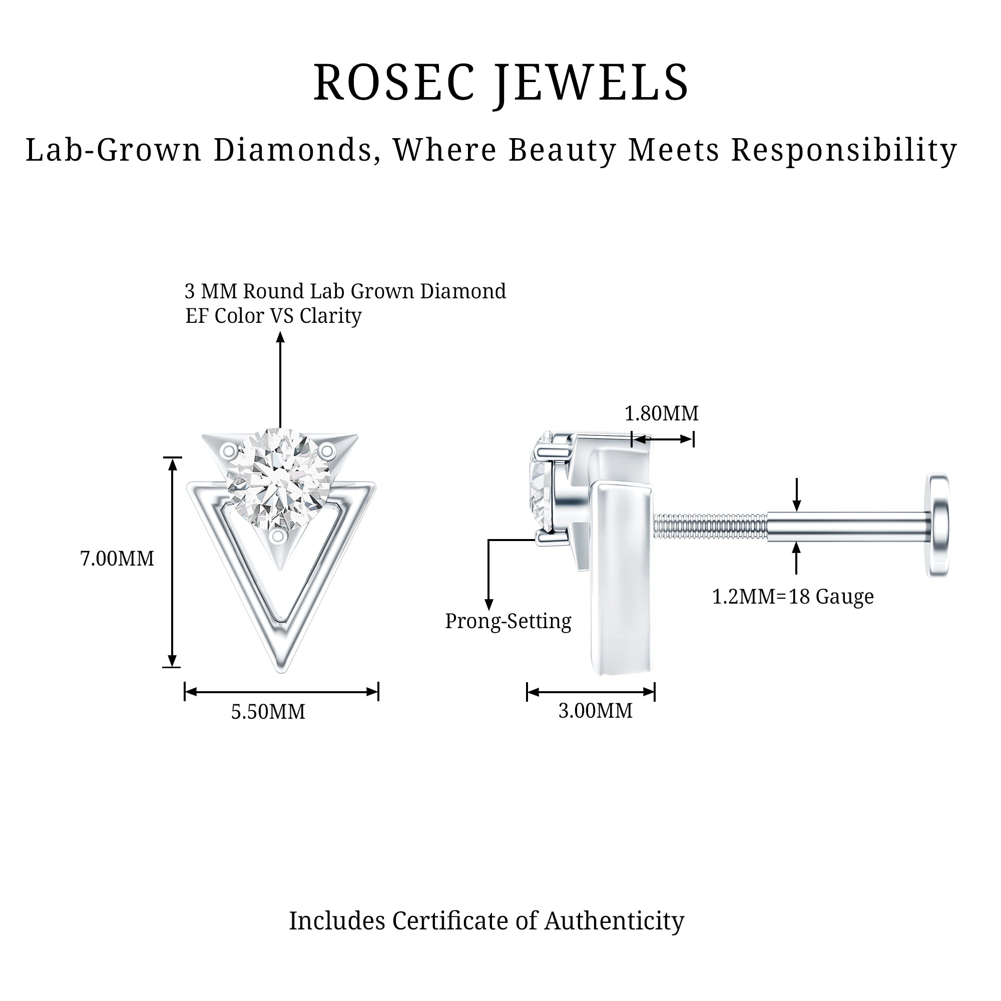 Simple Diamond Solitaire Triangle Cartilage Earring Lab - ( EF-VS ) - Rosec Jewels