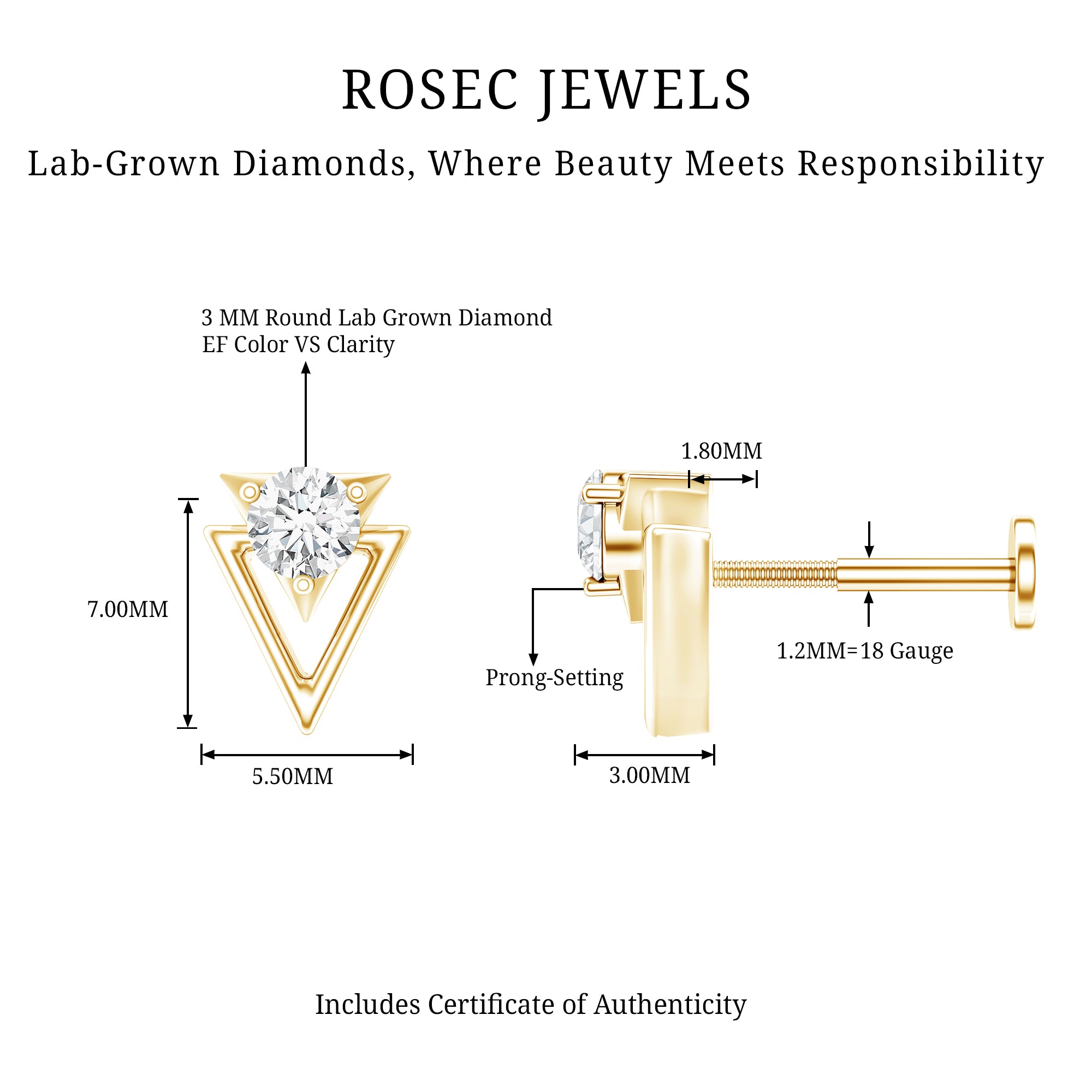 Simple Diamond Solitaire Triangle Cartilage Earring Lab - ( EF-VS ) - Rosec Jewels