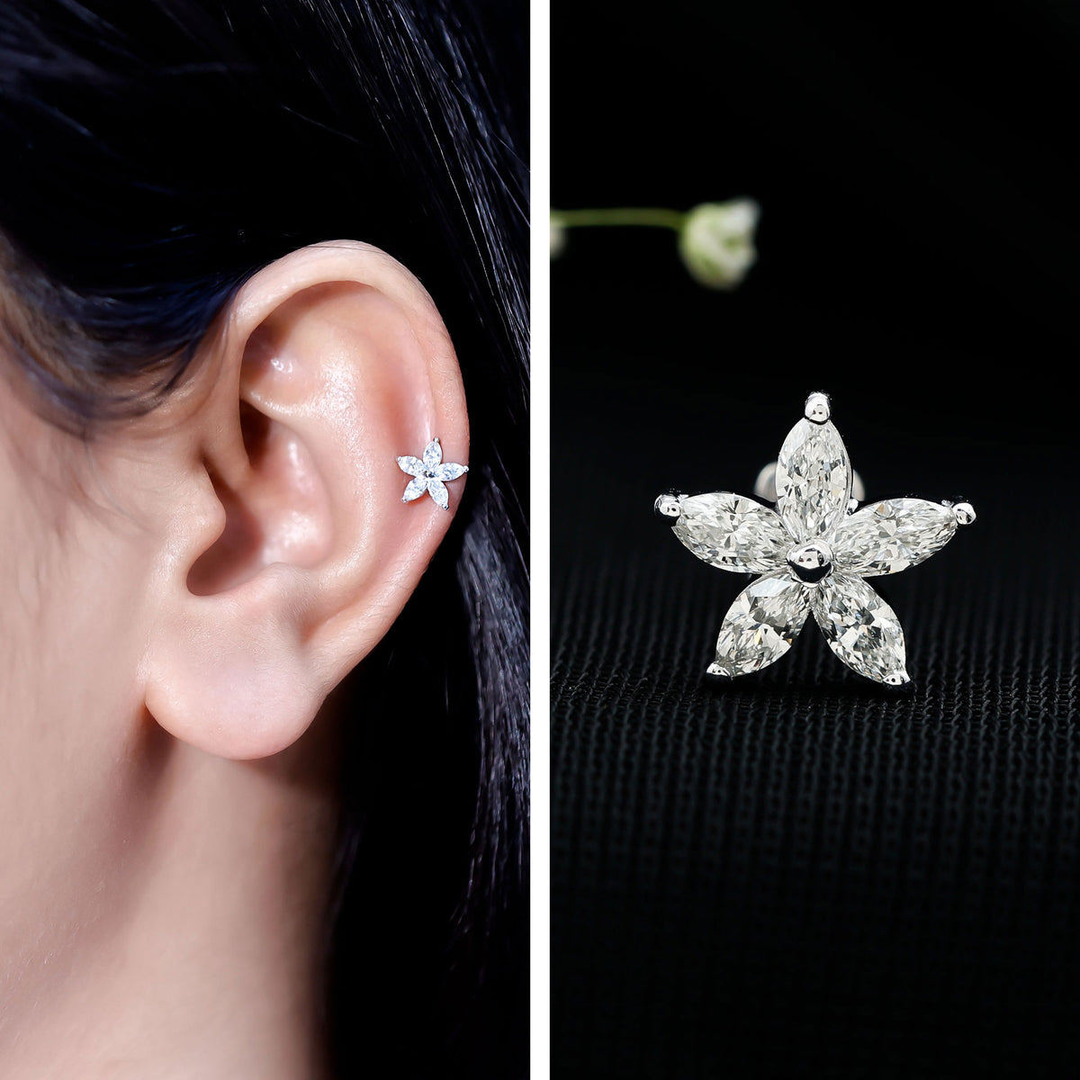 Marquise Diamond Floral Upper Lobe Earring Lab - ( EF-VS ) - Rosec Jewels