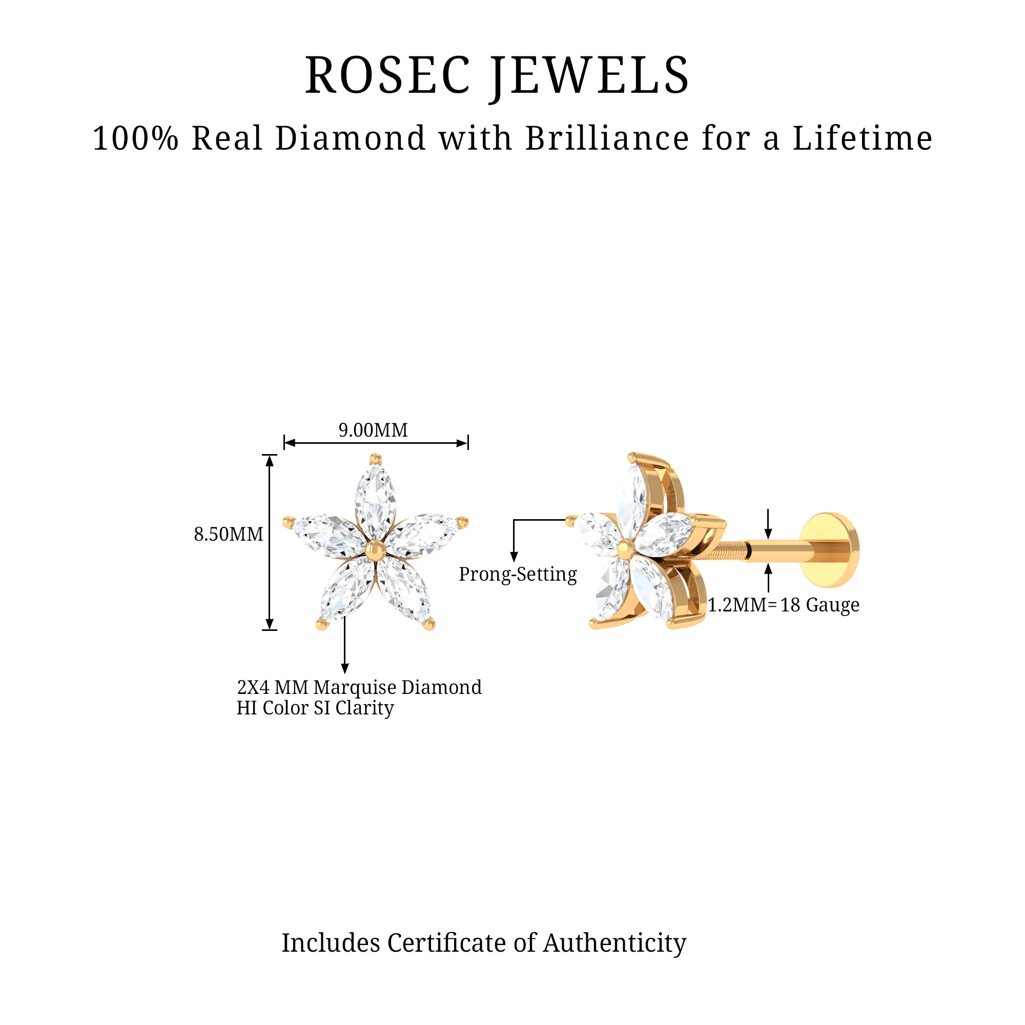 Marquise Diamond Floral Upper Lobe Earring Lab - ( EF-VS ) - Rosec Jewels