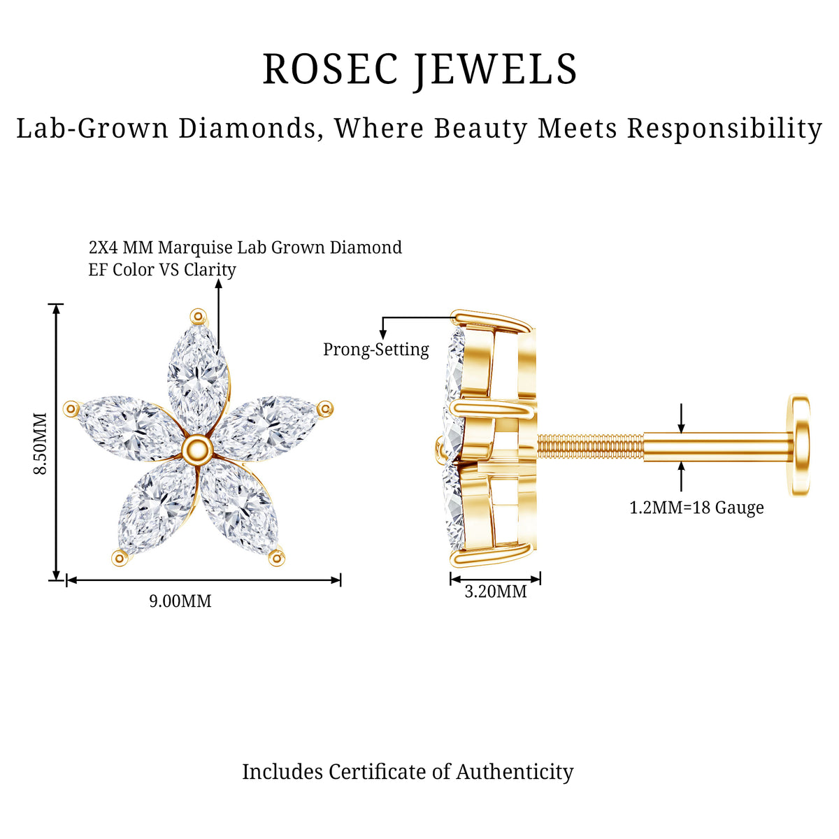 Marquise Diamond Floral Upper Lobe Earring Lab - ( EF-VS ) - Rosec Jewels