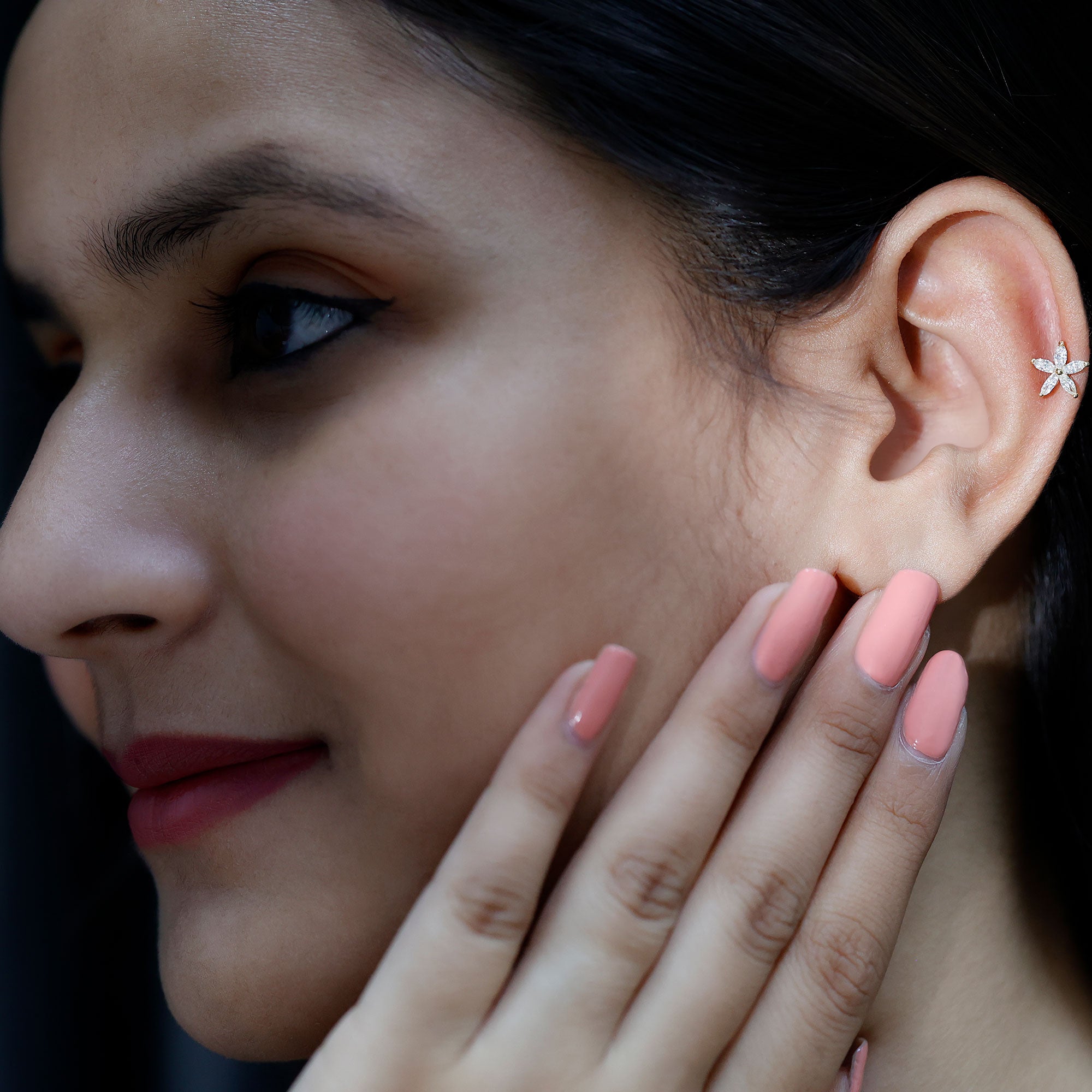 Marquise Diamond Floral Upper Lobe Earring Lab - ( EF-VS ) - Rosec Jewels