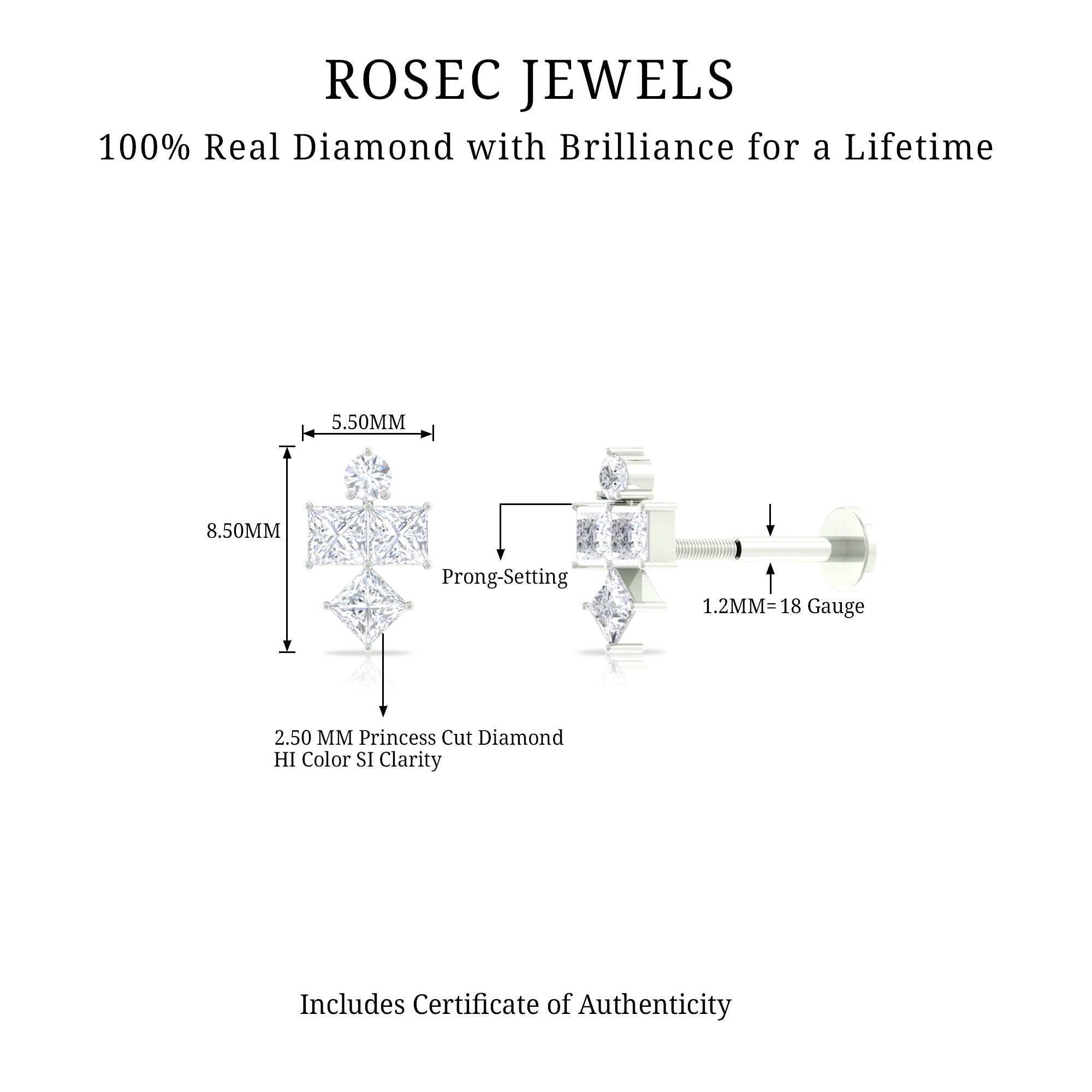 Princess Cut Diamond Helix Piercing Earring for Women Lab - ( EF-VS ) - Rosec Jewels