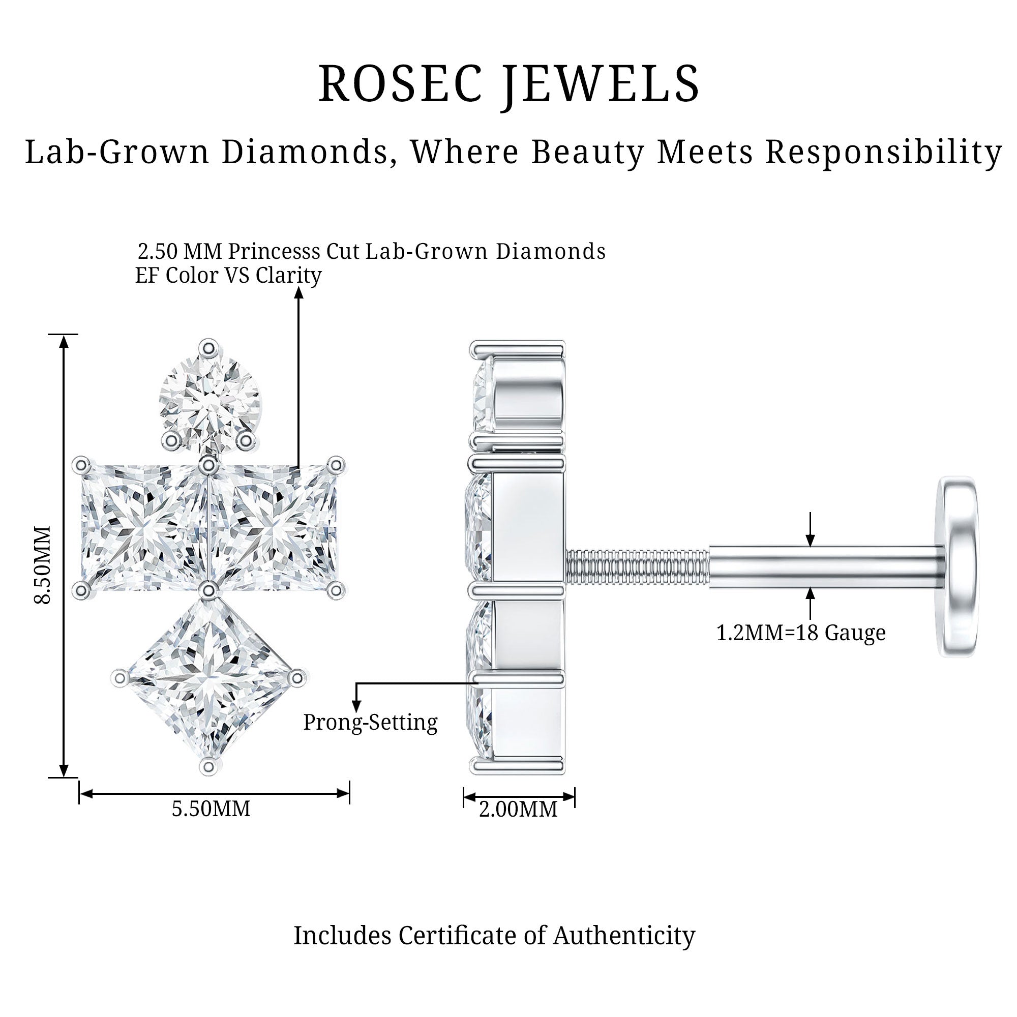 Princess Cut Diamond Helix Piercing Earring for Women Lab - ( EF-VS ) - Rosec Jewels