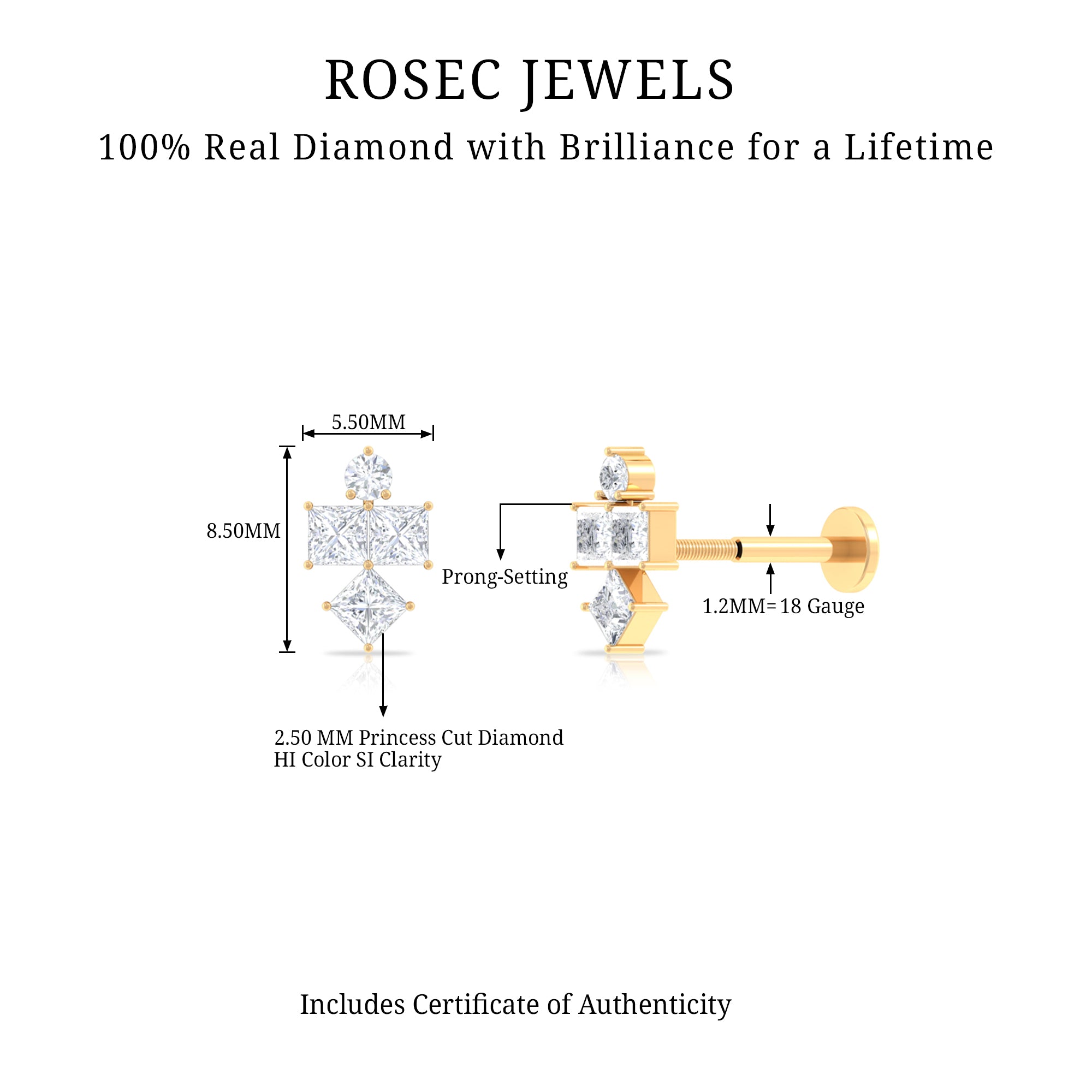 Princess Cut Diamond Helix Piercing Earring for Women Lab - ( EF-VS ) - Rosec Jewels