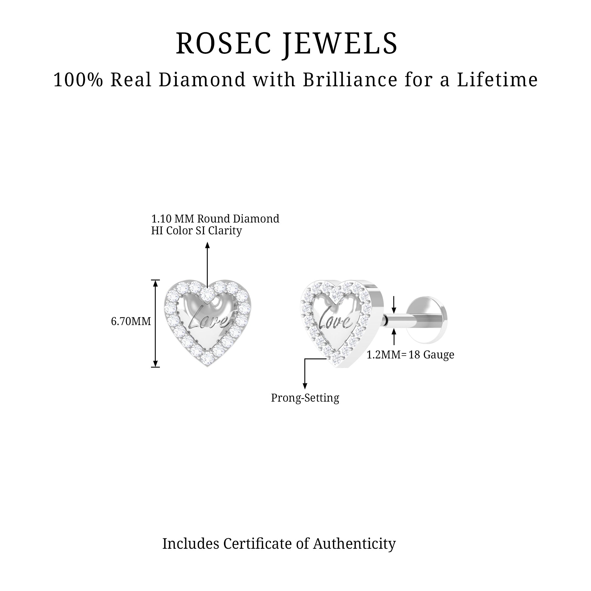 Cute Diamond Love Heart Earring for Helix Piercing Lab - ( EF-VS ) - Rosec Jewels