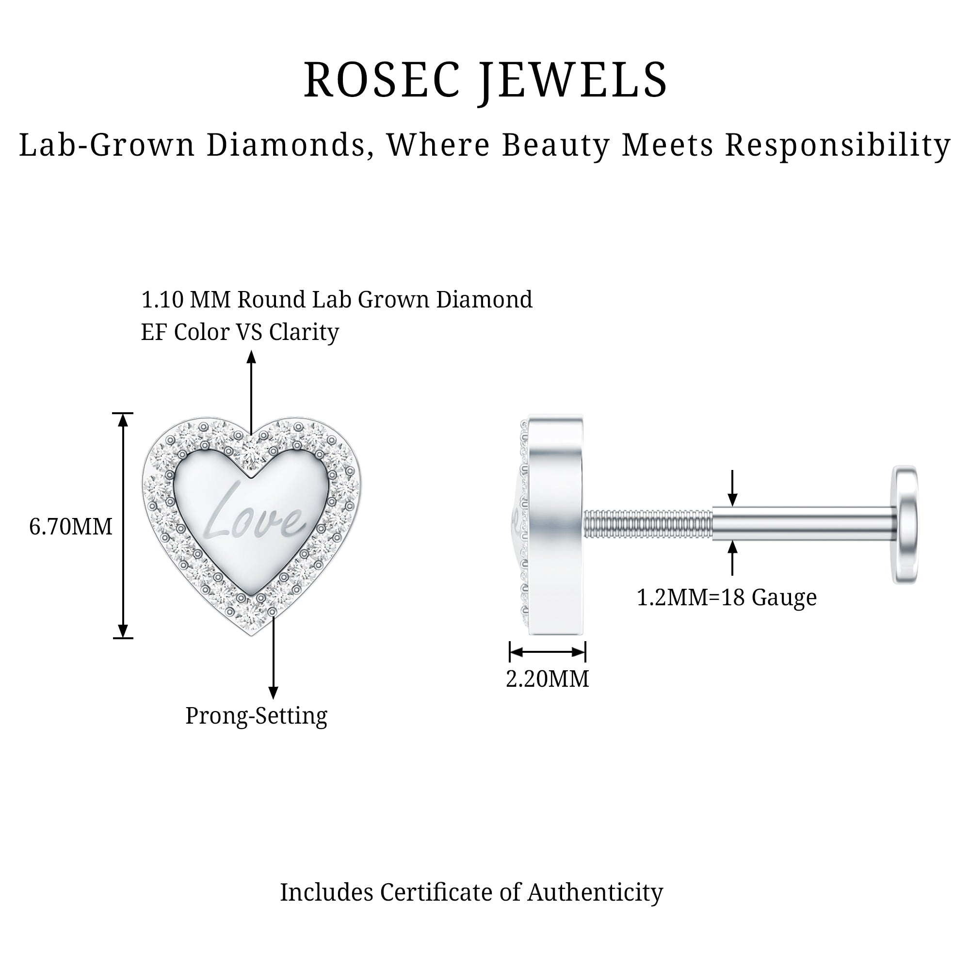 Cute Diamond Love Heart Earring for Helix Piercing Lab - ( EF-VS ) - Rosec Jewels