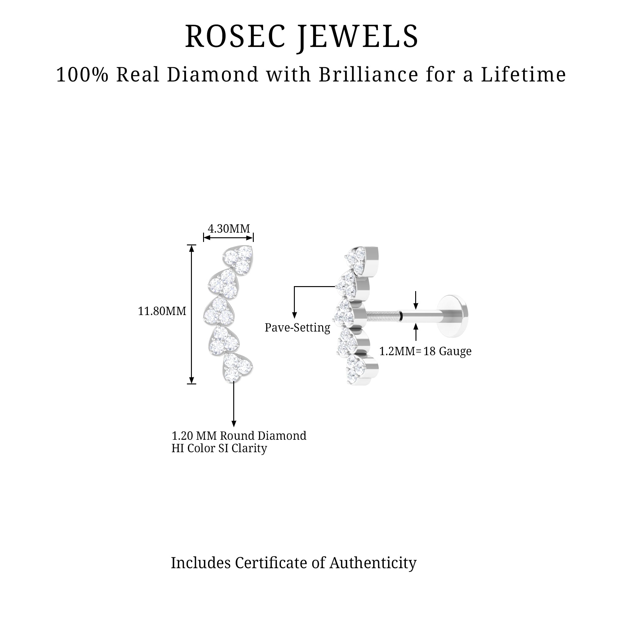 Diamond Heart Crawler Earring for Helix Piercing Lab - ( EF-VS ) - Rosec Jewels