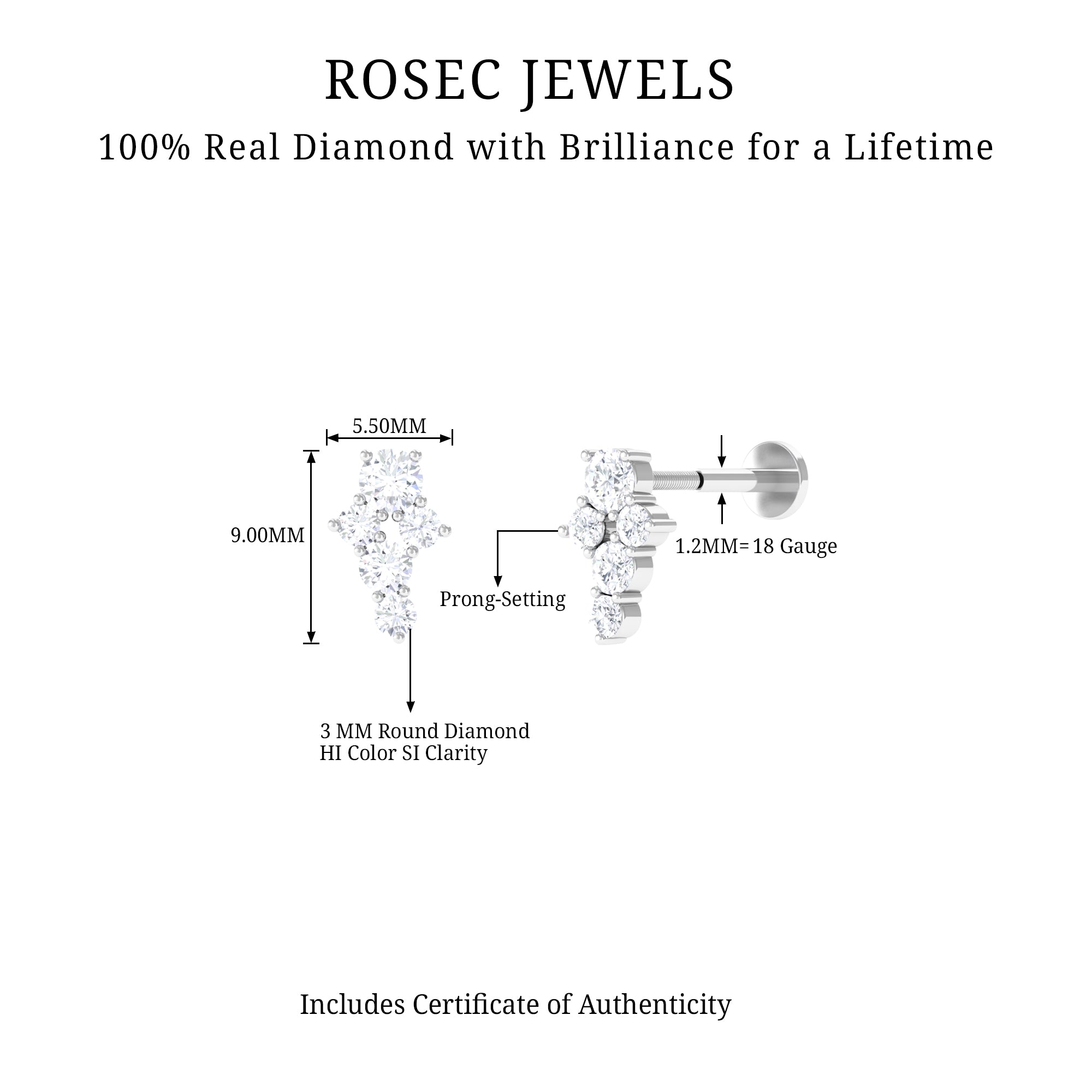 Certified Diamond Cluster Cartilage Piercing Earring Lab - ( EF-VS ) - Rosec Jewels