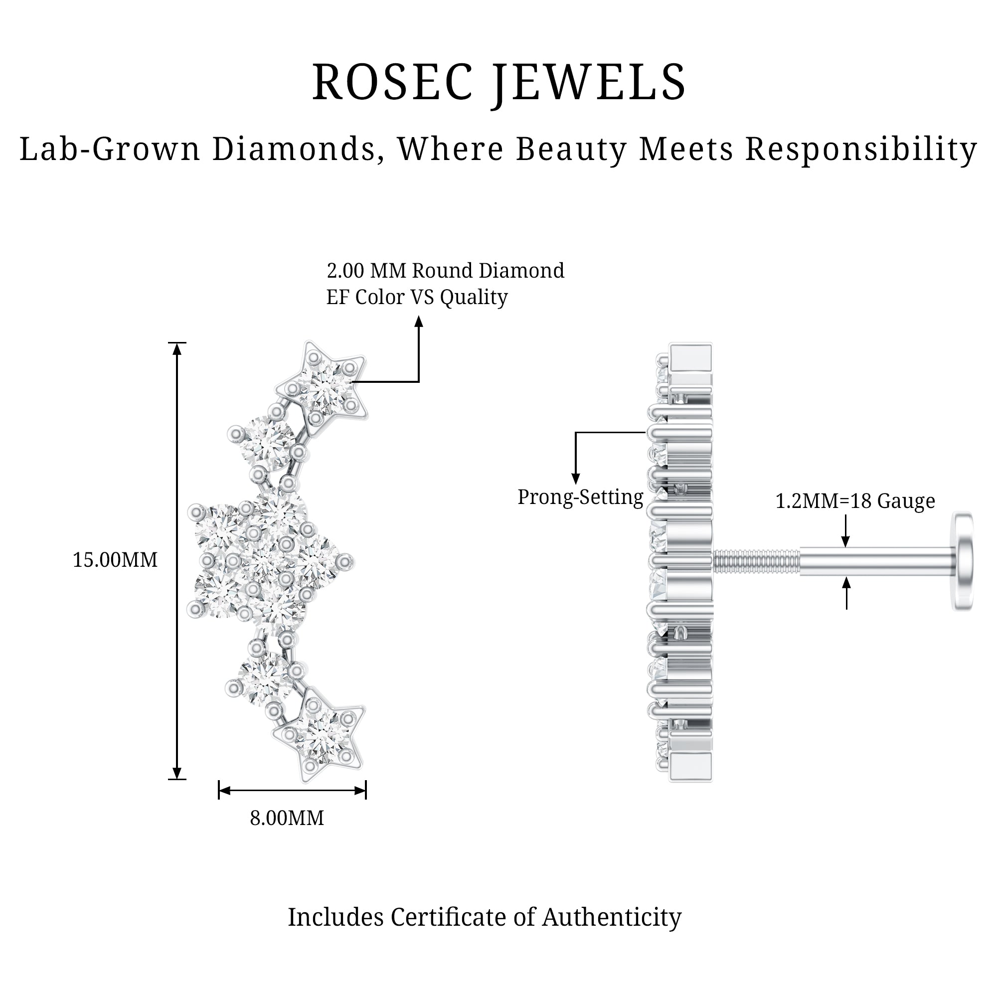 Brilliant Cut Diamond Star Ear Crawler Earring Lab - ( EF-VS ) - Rosec Jewels